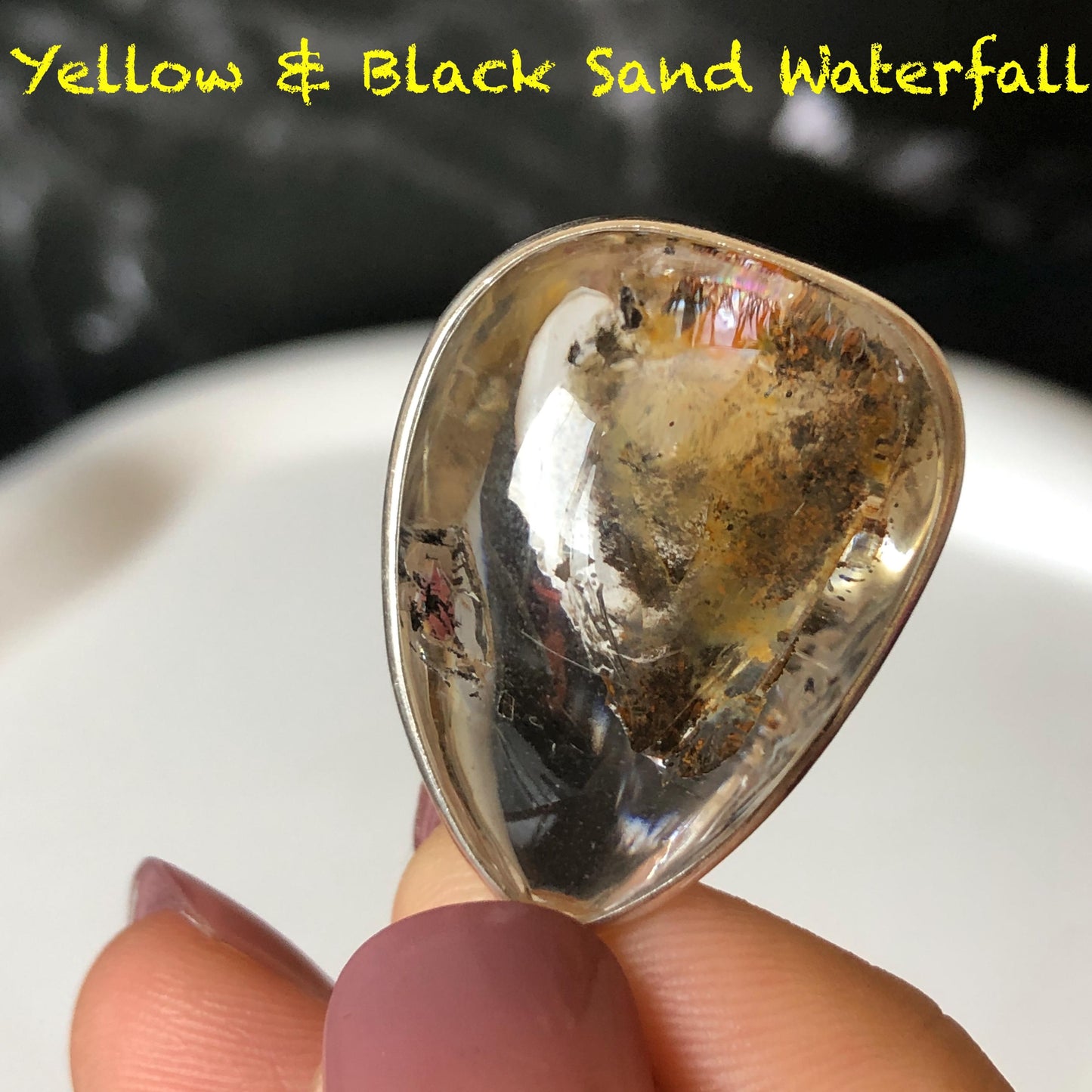 Ultra Rare! Polished Enhydro Quartz Wrapped Wire Pendant Adjustable Necklace: Moving Black & Yellow Sand with Big Bubble Inclusion Crystal | Natural Gemstone Birthstone Gift for her enhydro quartz sand water-fall pendant necklace choker gemstone charm stone pendant choker polished stone pendant crystal charm birthstone men necklace chakra crystal minerals specimen silver wire wrapped pendant inclusion crystal inclusion crystal  yellow sand inclusion