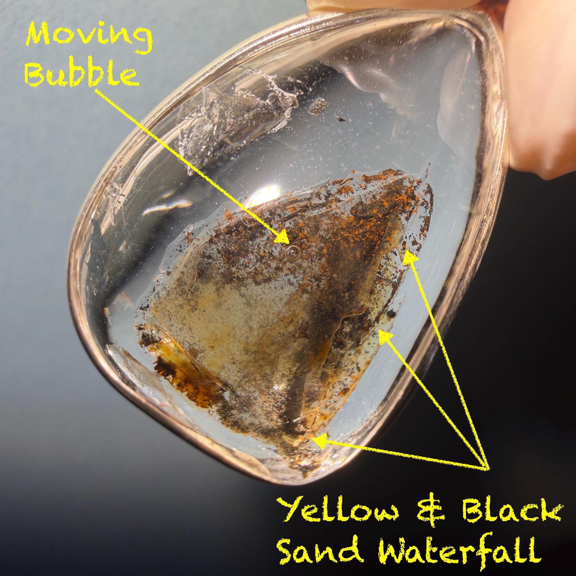 Ultra Rare! Polished Enhydro Quartz Wrapped Wire Pendant Adjustable Necklace: Moving Black & Yellow Sand with Big Bubble Inclusion Crystal | Natural Gemstone Birthstone Gift for her enhydro quartz sand water-fall pendant necklace choker gemstone charm stone pendant choker polished stone pendant crystal charm birthstone men necklace chakra crystal minerals specimen silver wire wrapped pendant inclusion crystal inclusion crystal  yellow sand inclusion