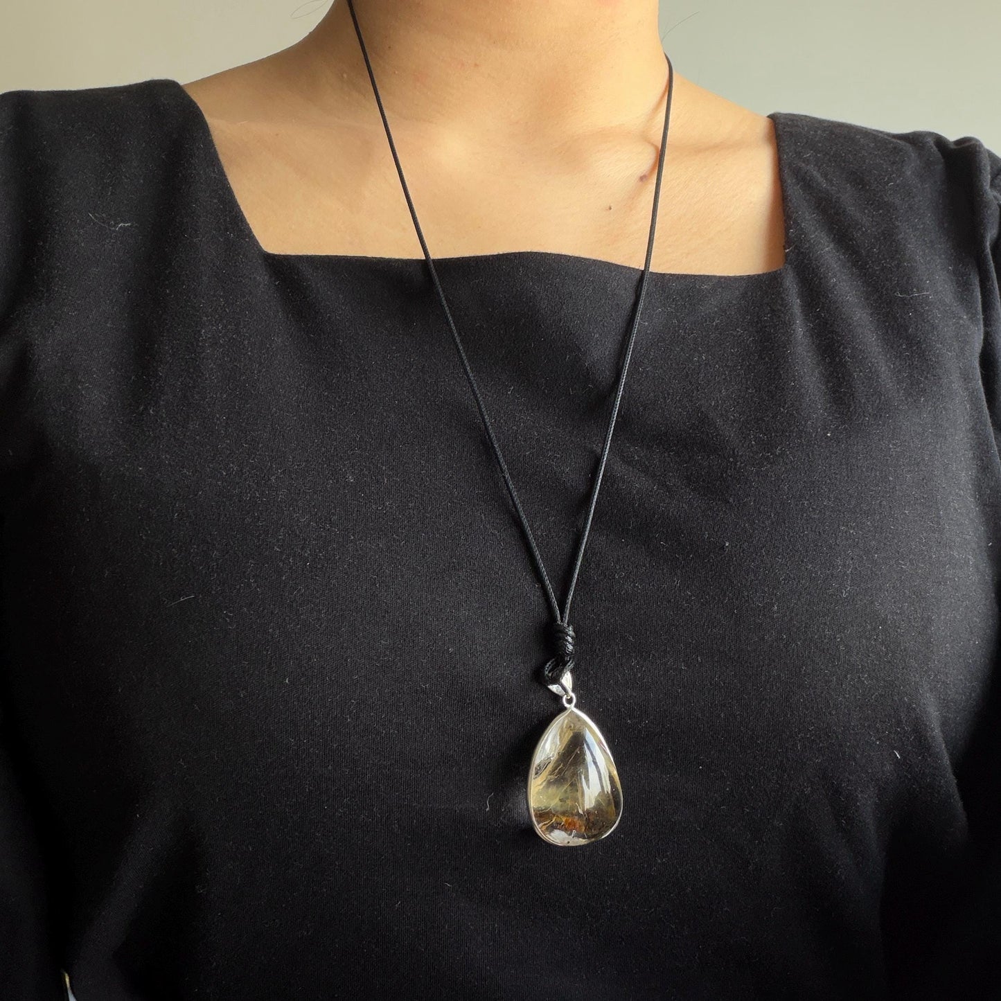 Ultra Rare! Polished Enhydro Quartz Wrapped Wire Pendant Adjustable Necklace: Moving Black & Yellow Sand with Big Bubble Inclusion Crystal | Natural Gemstone Birthstone Gift for her enhydro quartz sand water-fall pendant necklace choker gemstone charm stone pendant choker polished stone pendant crystal charm birthstone men necklace chakra crystal minerals specimen silver wire wrapped pendant inclusion crystal inclusion crystal  yellow sand inclusion