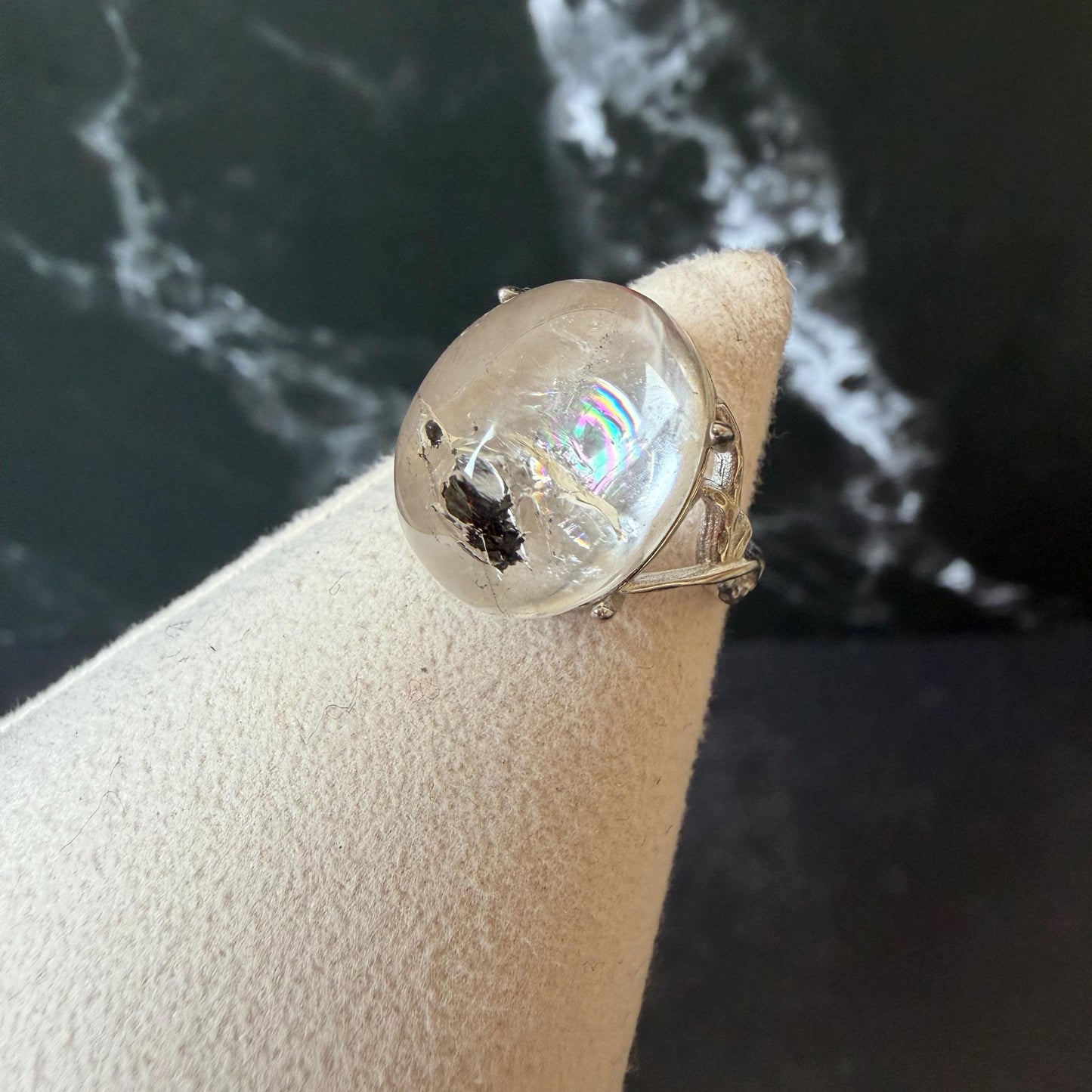Polished Enhydro Quartz (Herkimer Diamond) S925 Silver Adjustable Ring: Big Rainbow! Moving Sand and Black Bubble Inclusion Crystal Statement Ring for Women ring crystal band ring crystal cocktail ring crystal stackable ring 7 chakra crystal ring meditation crystal healing stone birthstone silver ring ring for men rainbow quartz inclusion quartz inclusion crystal minerals specimen silver ring free size ring adjustable ring holder rain quartz enhydro crystal inclusion crystal inclusion quartz