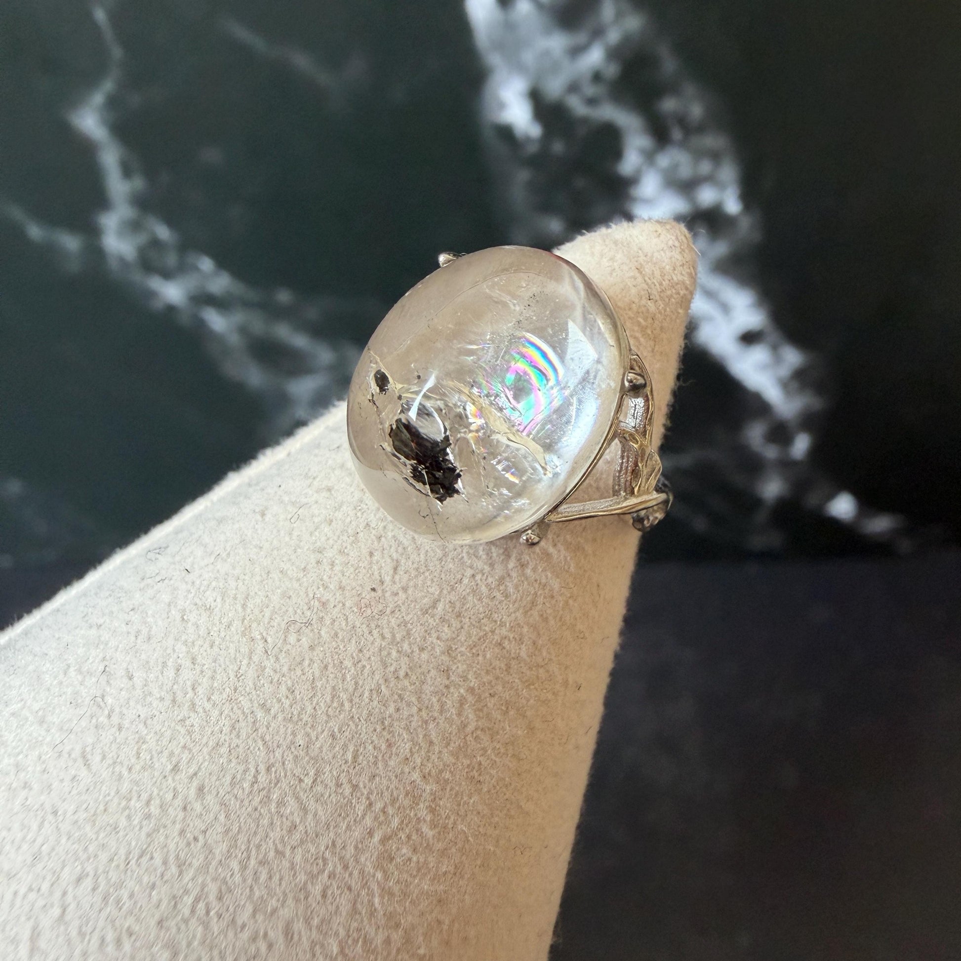 Polished Enhydro Quartz (Herkimer Diamond) S925 Silver Adjustable Ring: Big Rainbow! Moving Sand and Black Bubble Inclusion Crystal Statement Ring for Women ring crystal band ring crystal cocktail ring crystal stackable ring 7 chakra crystal ring meditation crystal healing stone birthstone silver ring ring for men rainbow quartz inclusion quartz inclusion crystal minerals specimen silver ring free size ring adjustable ring holder rain quartz enhydro crystal inclusion crystal inclusion quartz