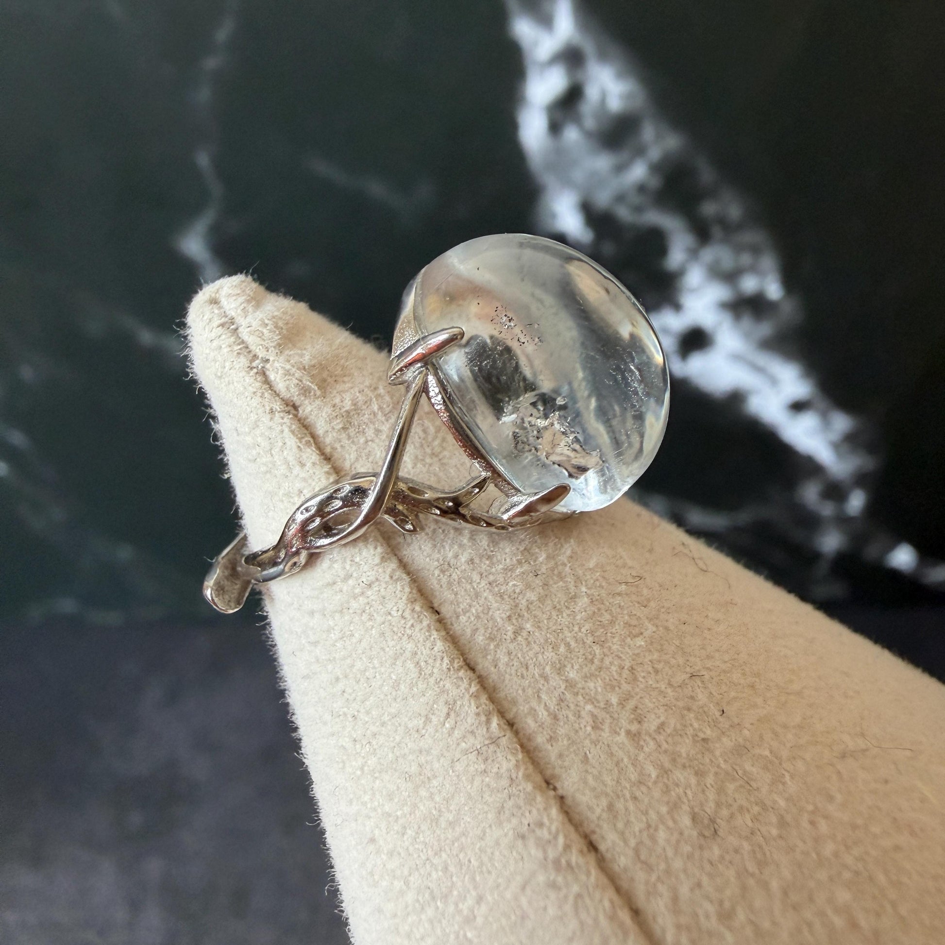 Polished Enhydro Quartz (Herkimer Diamond) S925 Silver Adjustable Ring: Big Rainbow! Moving Sand and Black Bubble Inclusion Crystal Statement Ring for Women ring crystal band ring crystal cocktail ring crystal stackable ring 7 chakra crystal ring meditation crystal healing stone birthstone silver ring ring for men rainbow quartz inclusion quartz inclusion crystal minerals specimen silver ring free size ring adjustable ring holder rain quartz enhydro crystal inclusion crystal inclusion quartz
