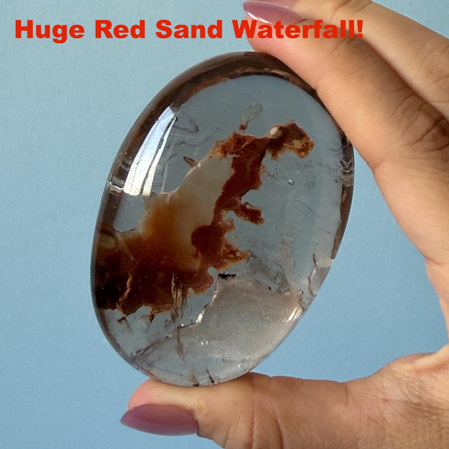 Ultra Rare! Polished Enhydro Quartz Crystal Palm Stone with Moving Red Sand Waterfall & Clear Bubbles Inclusion Crystal | Natural Gemstone Birthstone Gift for her enhydro quartz sand waterfall pendant necklace gemstone charm stone pendant choker polished stone pendant crystal charm birthstone men necklace chakra crystal minerals specimen silver wire wrapped pendant inclusion crystal inclusion crystal red sand inclusion palm crystal meditation stone