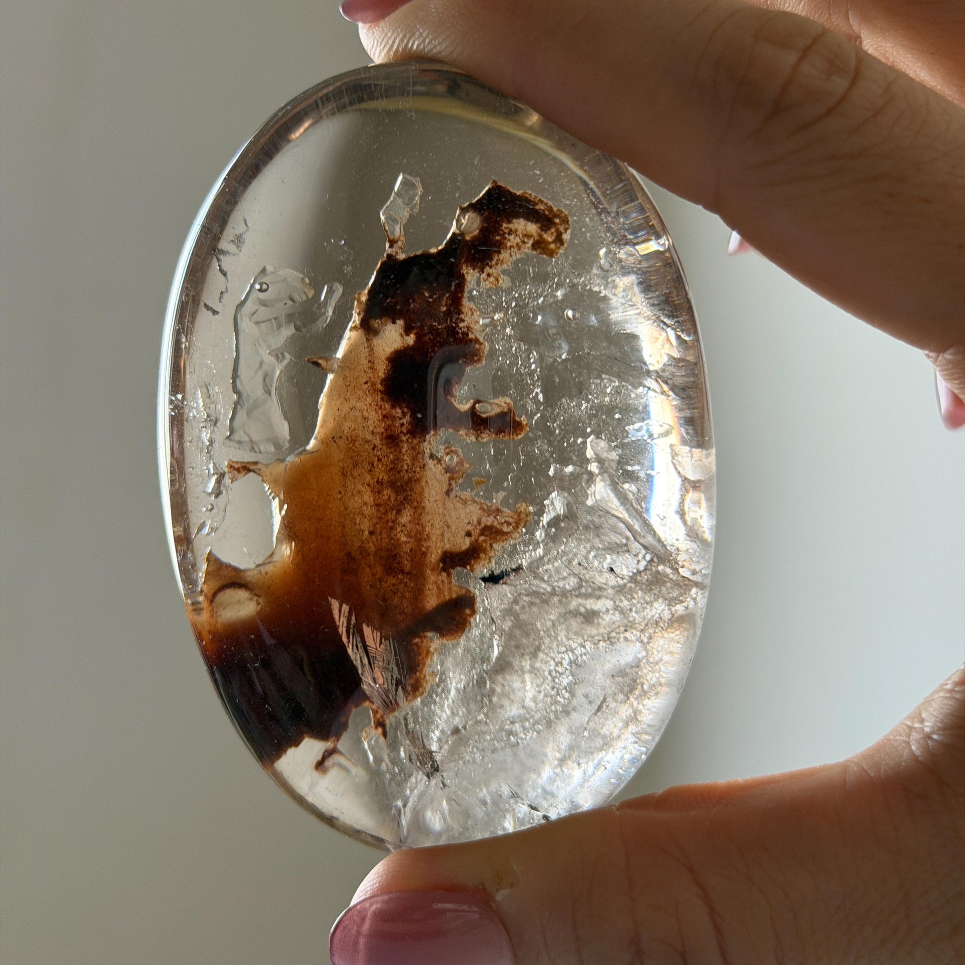 Ultra Rare! Polished Enhydro Quartz Crystal Palm Stone with Moving Red Sand Waterfall & Clear Bubbles Inclusion Crystal | Natural Gemstone Birthstone Gift for her enhydro quartz sand waterfall pendant necklace gemstone charm stone pendant choker polished stone pendant crystal charm birthstone men necklace chakra crystal minerals specimen silver wire wrapped pendant inclusion crystal inclusion crystal red sand inclusion palm crystal meditation stone