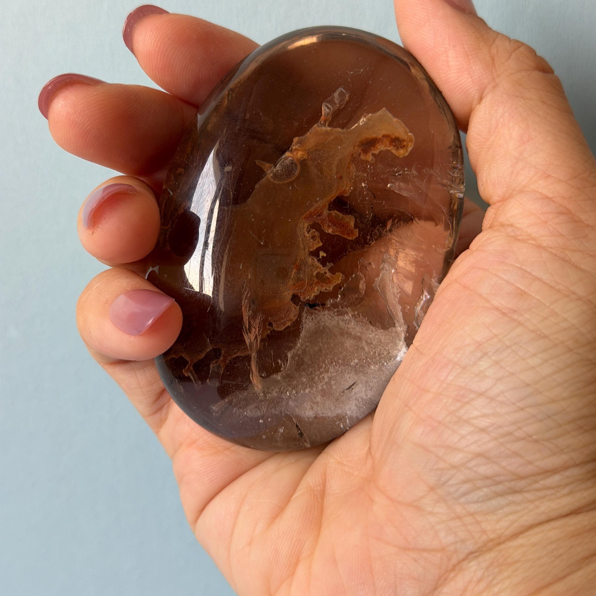 Ultra Rare! Polished Enhydro Quartz Crystal Palm Stone with Moving Red Sand Waterfall & Clear Bubbles Inclusion Crystal | Natural Gemstone Birthstone Gift for her enhydro quartz sand waterfall pendant necklace gemstone charm stone pendant choker polished stone pendant crystal charm birthstone men necklace chakra crystal minerals specimen silver wire wrapped pendant inclusion crystal inclusion crystal red sand inclusion palm crystal meditation stone