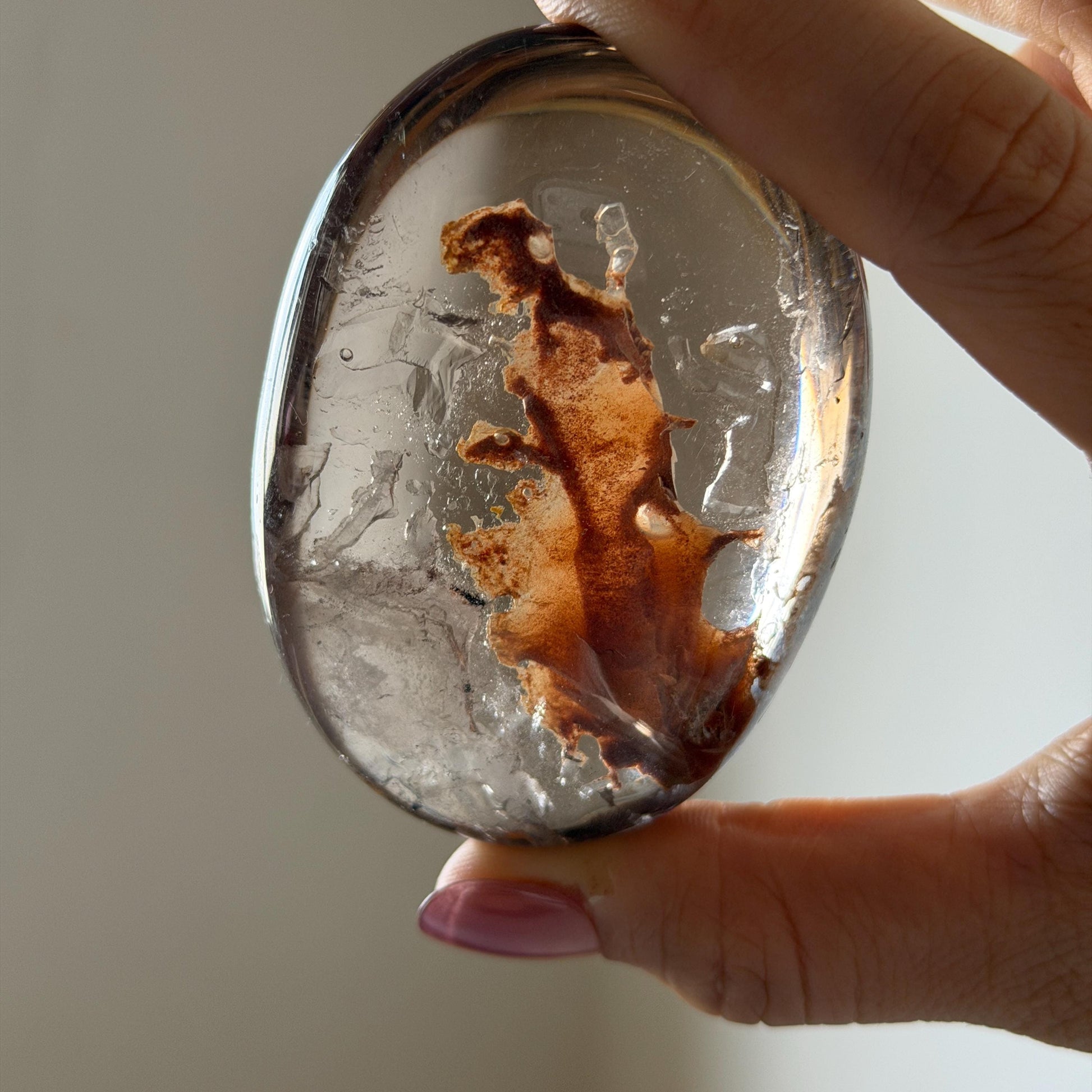 Ultra Rare! Polished Enhydro Quartz Crystal Palm Stone with Moving Red Sand Waterfall & Clear Bubbles Inclusion Crystal | Natural Gemstone Birthstone Gift for her enhydro quartz sand waterfall pendant necklace gemstone charm stone pendant choker polished stone pendant crystal charm birthstone men necklace chakra crystal minerals specimen silver wire wrapped pendant inclusion crystal inclusion crystal red sand inclusion palm crystal meditation stone