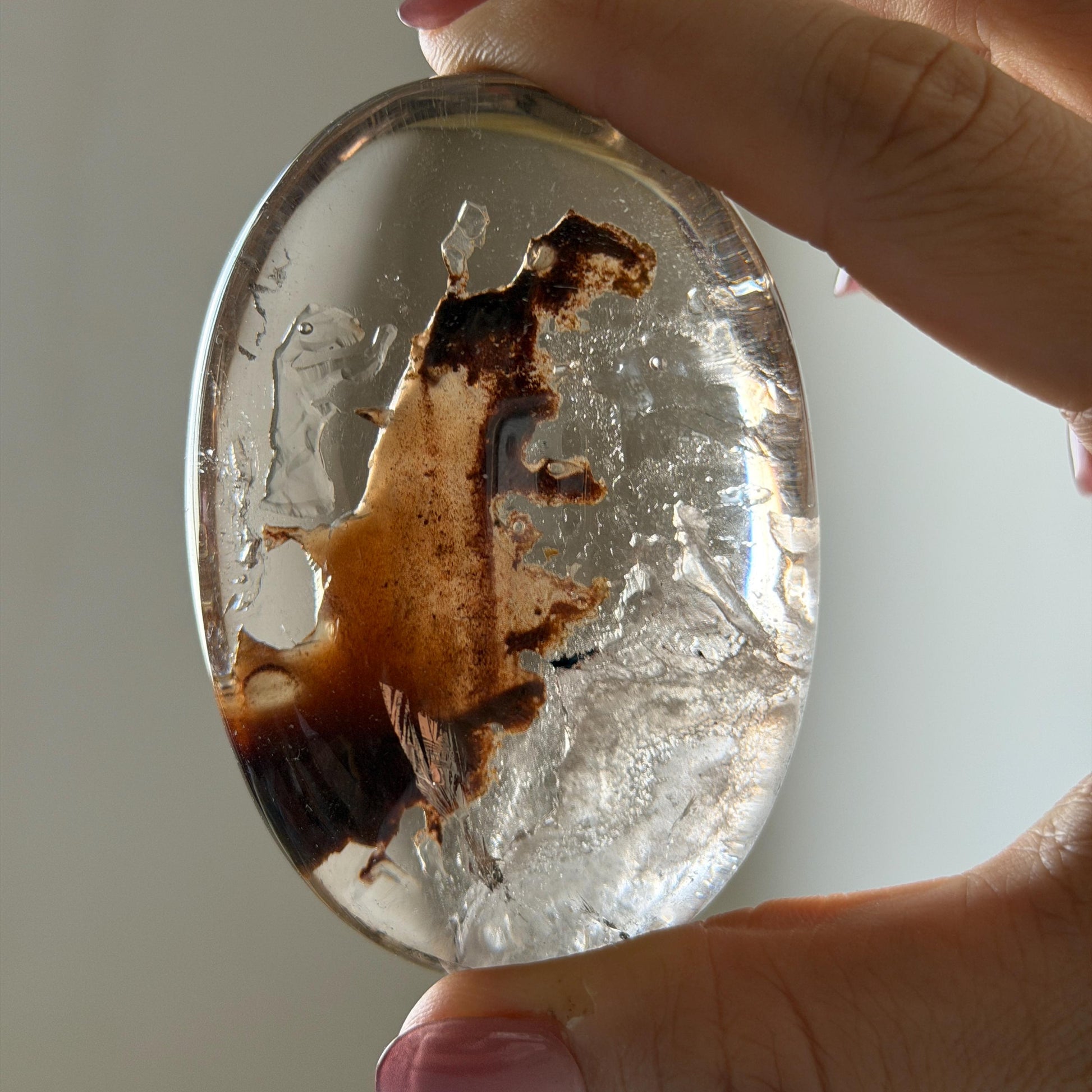 Ultra Rare! Polished Enhydro Quartz Crystal Palm Stone with Moving Red Sand Waterfall & Clear Bubbles Inclusion Crystal | Natural Gemstone Birthstone Gift for her enhydro quartz sand waterfall pendant necklace gemstone charm stone pendant choker polished stone pendant crystal charm birthstone men necklace chakra crystal minerals specimen silver wire wrapped pendant inclusion crystal inclusion crystal red sand inclusion palm crystal meditation stone