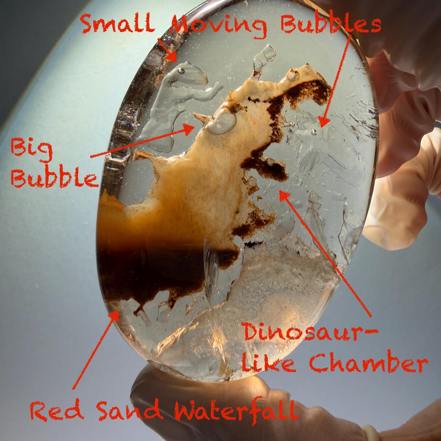 Ultra Rare! Polished Enhydro Quartz Crystal Palm Stone with Moving Red Sand Waterfall & Clear Bubbles Inclusion Crystal | Natural Gemstone Birthstone Gift for her enhydro quartz sand waterfall pendant necklace gemstone charm stone pendant choker polished stone pendant crystal charm birthstone men necklace chakra crystal minerals specimen silver wire wrapped pendant inclusion crystal inclusion crystal red sand inclusion palm crystal meditation stone