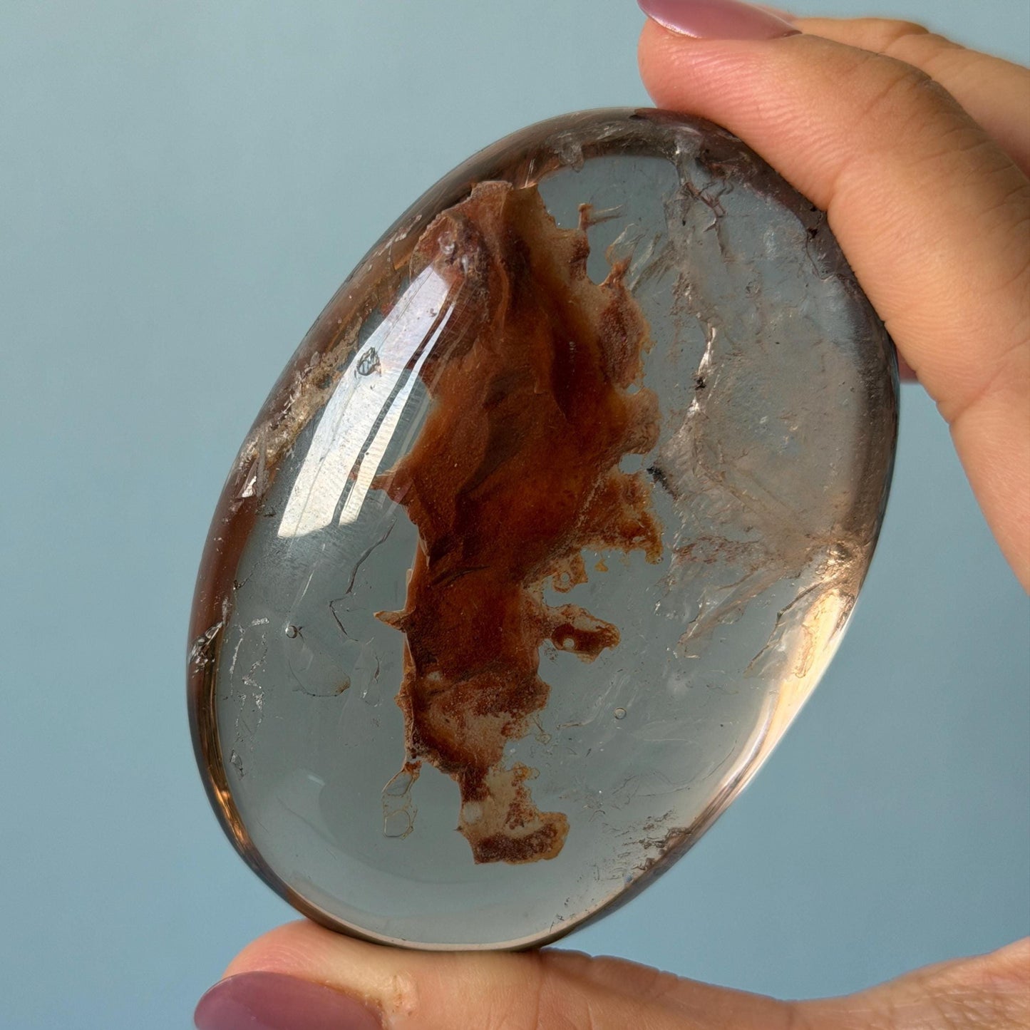 Ultra Rare! Polished Enhydro Quartz Crystal Palm Stone with Moving Red Sand Waterfall & Clear Bubbles Inclusion Crystal | Natural Gemstone Birthstone Gift for her enhydro quartz sand waterfall pendant necklace gemstone charm stone pendant choker polished stone pendant crystal charm birthstone men necklace chakra crystal minerals specimen silver wire wrapped pendant inclusion crystal inclusion crystal red sand inclusion palm crystal meditation stone