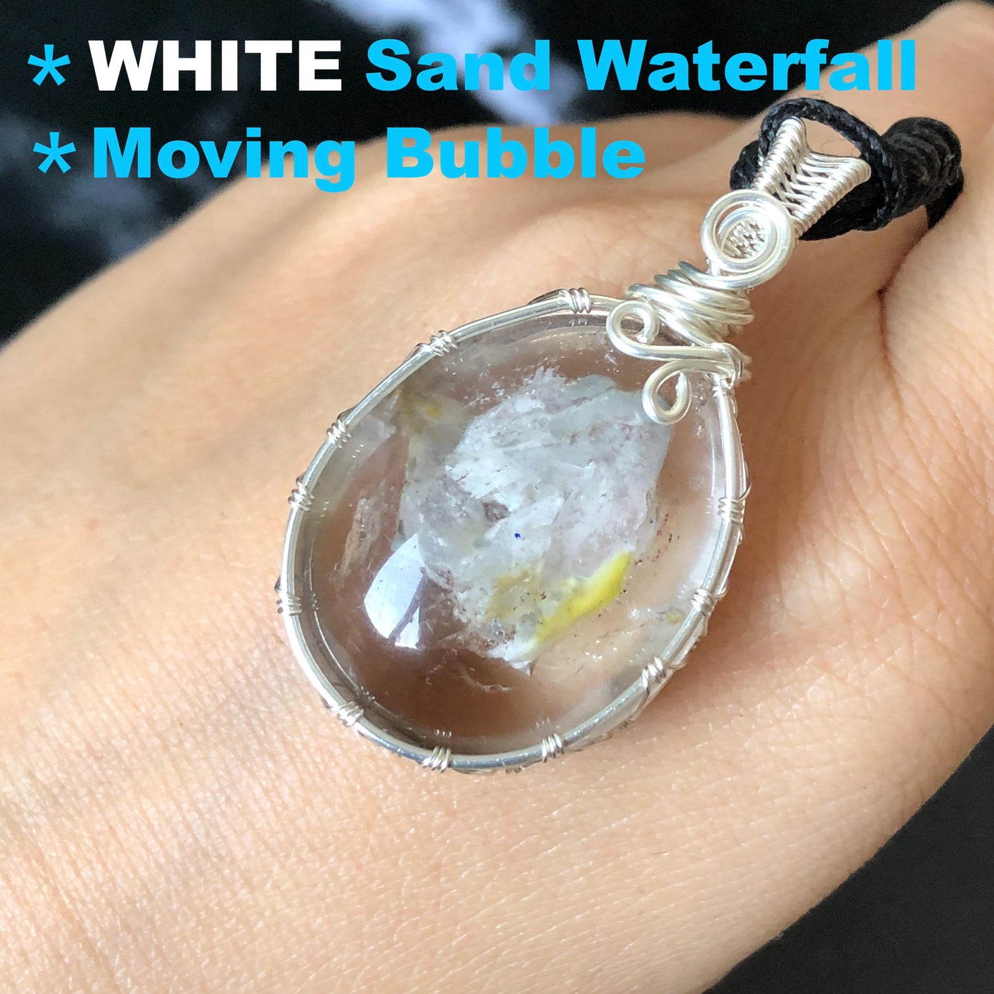 Rare Found! Polished Enhydro Quartz (Herkimer Diamond) Wire Wrapped Pendant Adjustable Necklace: Moving White Sand & Bubble Inclusion Crystal | Natural Gemstone Birthstone Gift for her Birthstone enhydro quartz sand water-fall  choker gemstone charm stone pendant choker polished stone pendant crystal charm birthstone men necklace chakra crystal purify stone minerals specimen adjustable choker mica quartz mica flakes silver wire wrapped pendant