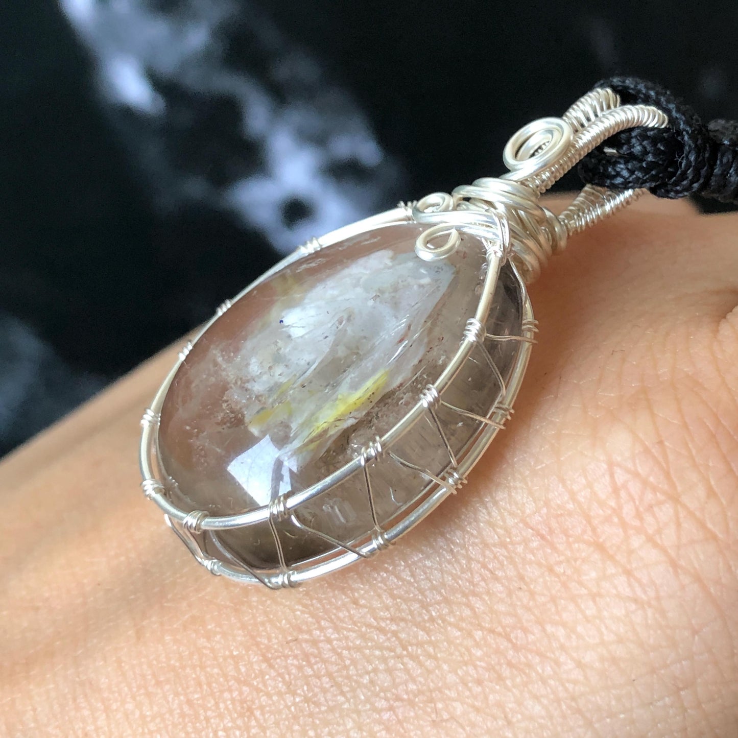 Rare Found! Polished Enhydro Quartz (Herkimer Diamond) Wire Wrapped Pendant Adjustable Necklace: Moving White Sand & Bubble Inclusion Crystal | Natural Gemstone Birthstone Gift for her Birthstone enhydro quartz sand water-fall  choker gemstone charm stone pendant choker polished stone pendant crystal charm birthstone men necklace chakra crystal purify stone minerals specimen adjustable choker mica quartz mica flakes silver wire wrapped pendant