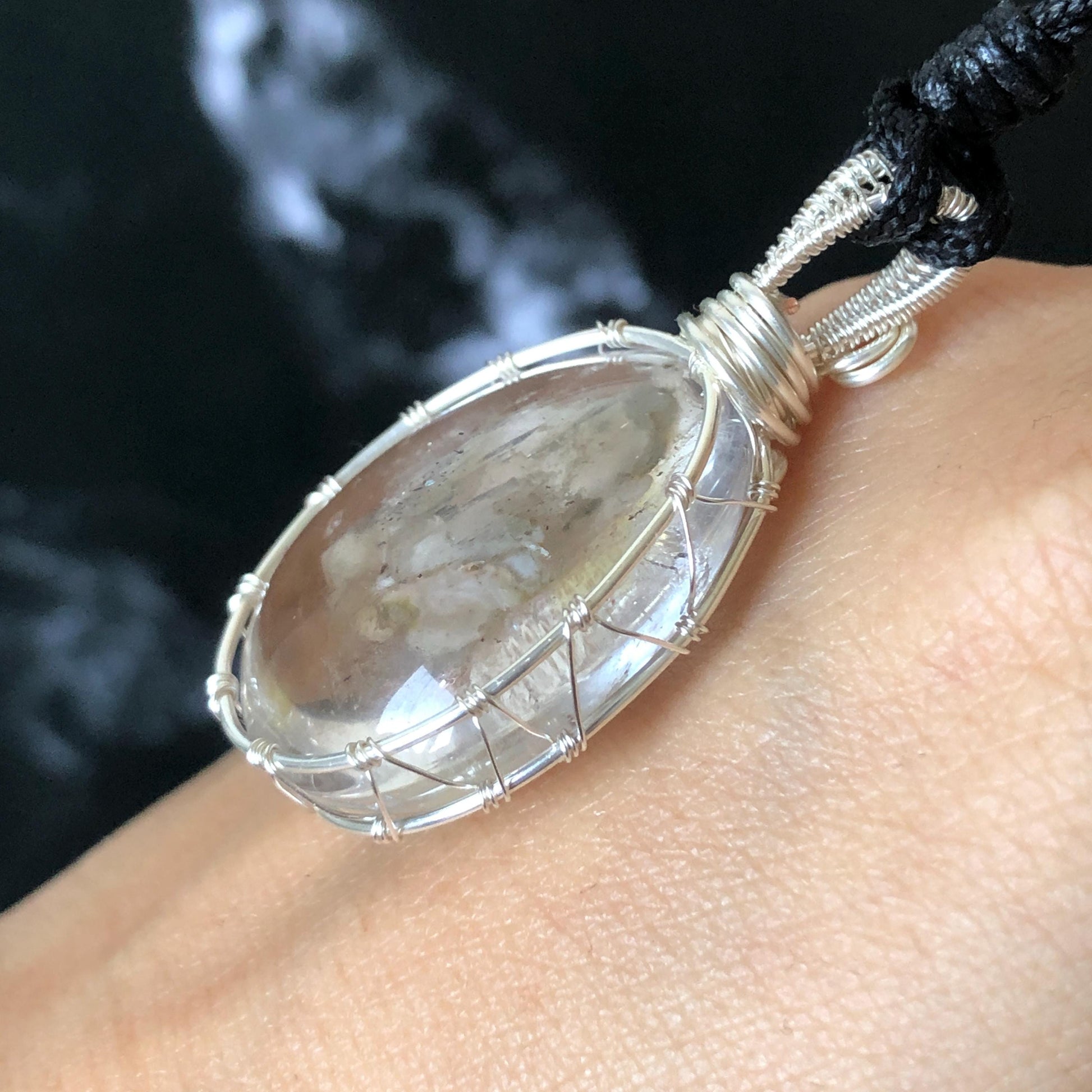 Rare Found! Polished Enhydro Quartz (Herkimer Diamond) Wire Wrapped Pendant Adjustable Necklace: Moving White Sand & Bubble Inclusion Crystal | Natural Gemstone Birthstone Gift for her Birthstone enhydro quartz sand water-fall  choker gemstone charm stone pendant choker polished stone pendant crystal charm birthstone men necklace chakra crystal purify stone minerals specimen adjustable choker mica quartz mica flakes silver wire wrapped pendant