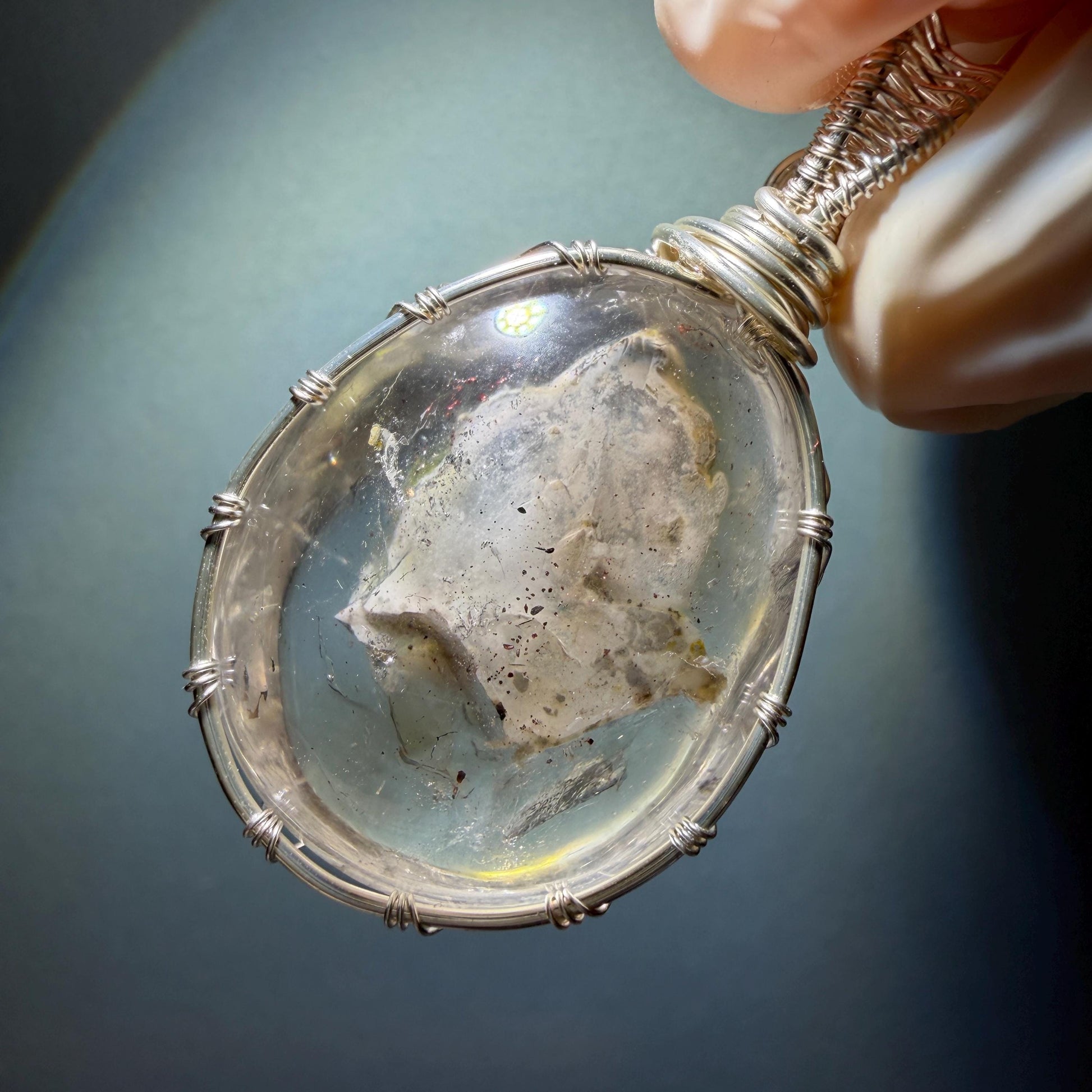 Rare Found! Polished Enhydro Quartz (Herkimer Diamond) Wire Wrapped Pendant Adjustable Necklace: Moving White Sand & Bubble Inclusion Crystal | Natural Gemstone Birthstone Gift for her Birthstone enhydro quartz sand water-fall  choker gemstone charm stone pendant choker polished stone pendant crystal charm birthstone men necklace chakra crystal purify stone minerals specimen adjustable choker mica quartz mica flakes silver wire wrapped pendant