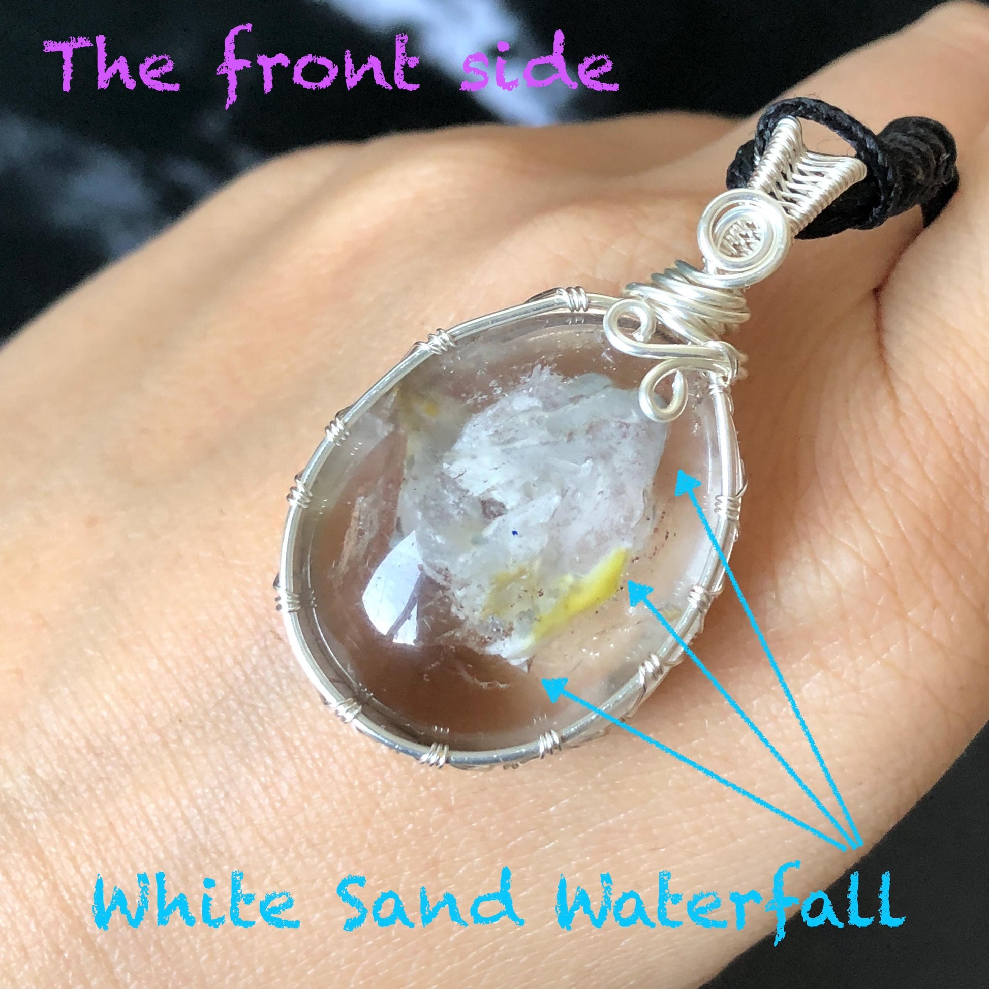 Rare Found! Polished Enhydro Quartz (Herkimer Diamond) Wire Wrapped Pendant Adjustable Necklace: Moving White Sand & Bubble Inclusion Crystal | Natural Gemstone Birthstone Gift for her Birthstone enhydro quartz sand water-fall  choker gemstone charm stone pendant choker polished stone pendant crystal charm birthstone men necklace chakra crystal purify stone minerals specimen adjustable choker mica quartz mica flakes silver wire wrapped pendant