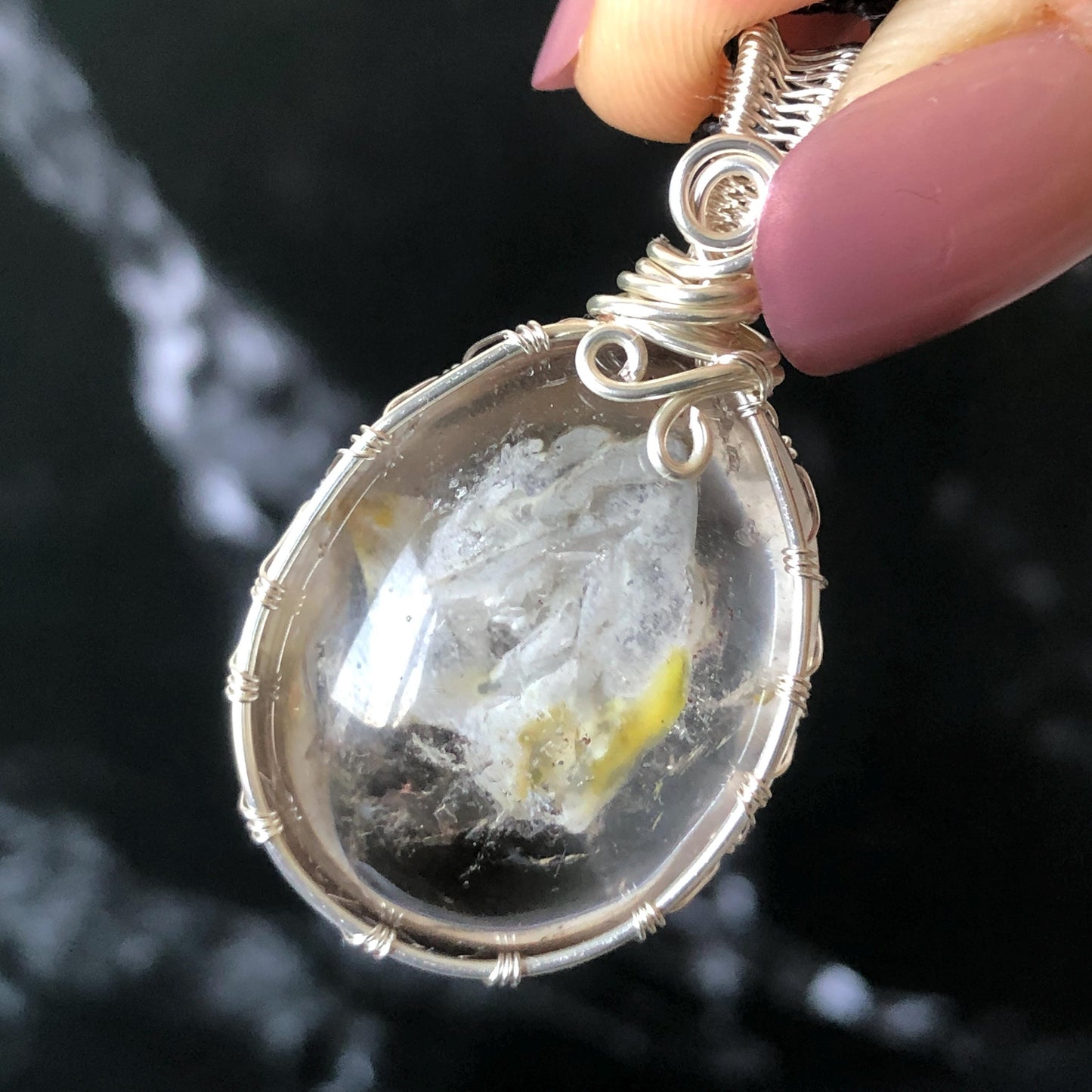 Rare Found! Polished Enhydro Quartz (Herkimer Diamond) Wire Wrapped Pendant Adjustable Necklace: Moving White Sand & Bubble Inclusion Crystal | Natural Gemstone Birthstone Gift for her Birthstone enhydro quartz sand water-fall  choker gemstone charm stone pendant choker polished stone pendant crystal charm birthstone men necklace chakra crystal purify stone minerals specimen adjustable choker mica quartz mica flakes silver wire wrapped pendant