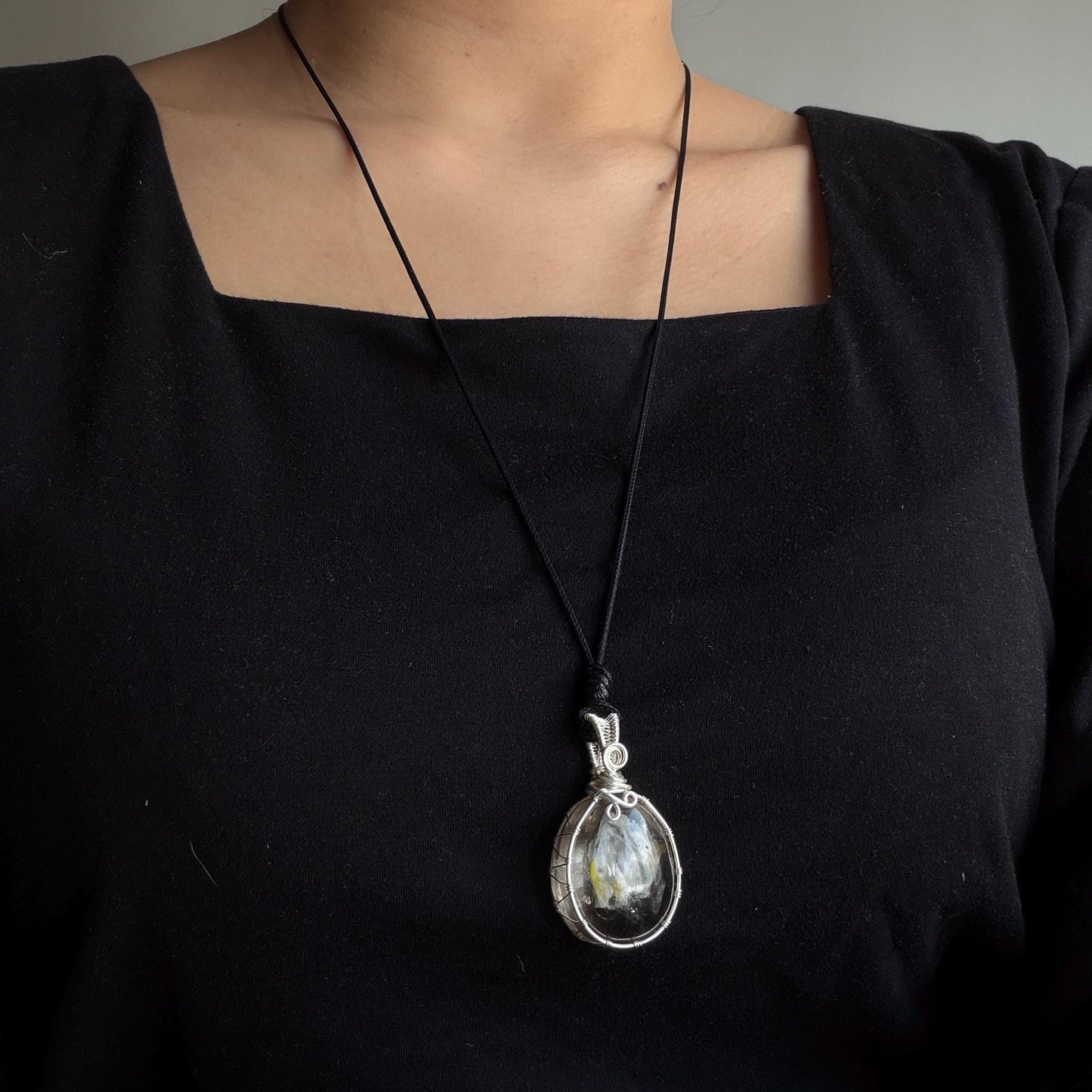 Rare Found! Polished Enhydro Quartz (Herkimer Diamond) Wire Wrapped Pendant Adjustable Necklace: Moving White Sand & Bubble Inclusion Crystal | Natural Gemstone Birthstone Gift for her Birthstone enhydro quartz sand water-fall  choker gemstone charm stone pendant choker polished stone pendant crystal charm birthstone men necklace chakra crystal purify stone minerals specimen adjustable choker mica quartz mica flakes silver wire wrapped pendant