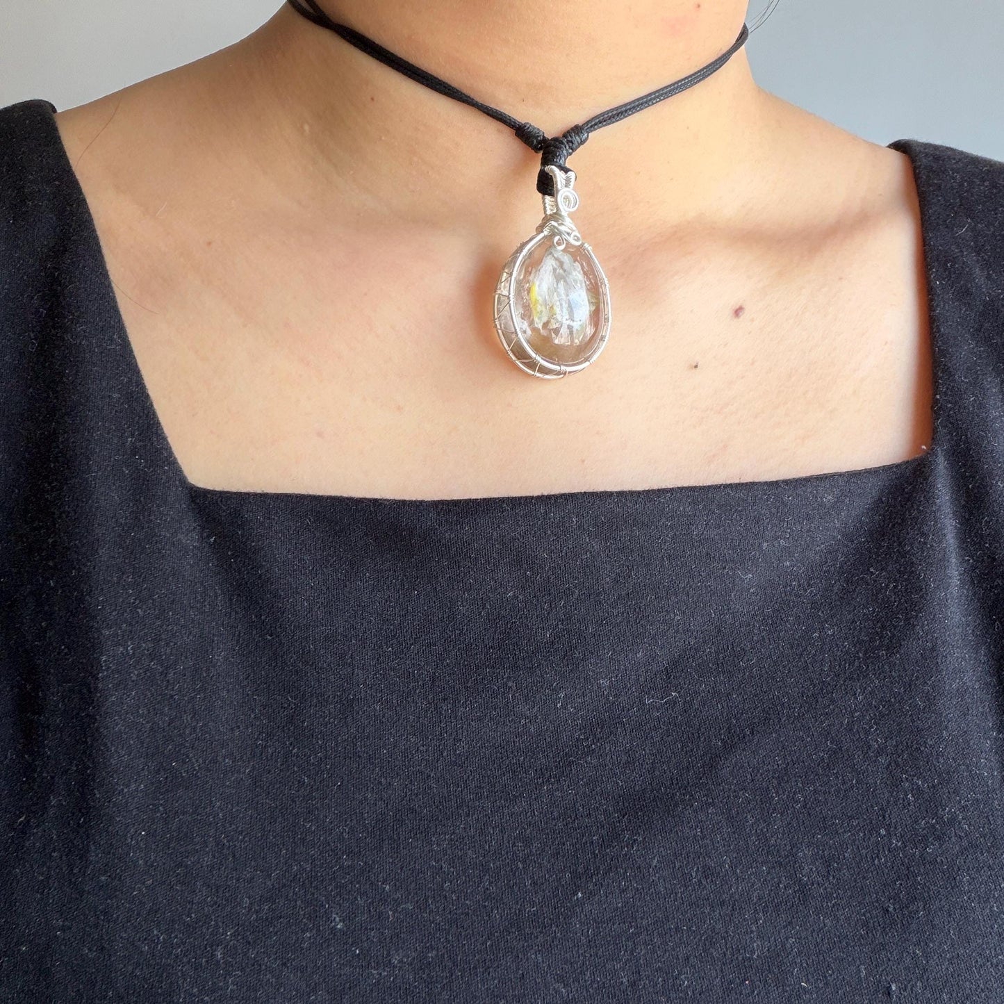 Rare Found! Polished Enhydro Quartz (Herkimer Diamond) Wire Wrapped Pendant Adjustable Necklace: Moving White Sand & Bubble Inclusion Crystal | Natural Gemstone Birthstone Gift for her Birthstone enhydro quartz sand water-fall  choker gemstone charm stone pendant choker polished stone pendant crystal charm birthstone men necklace chakra crystal purify stone minerals specimen adjustable choker mica quartz mica flakes silver wire wrapped pendant