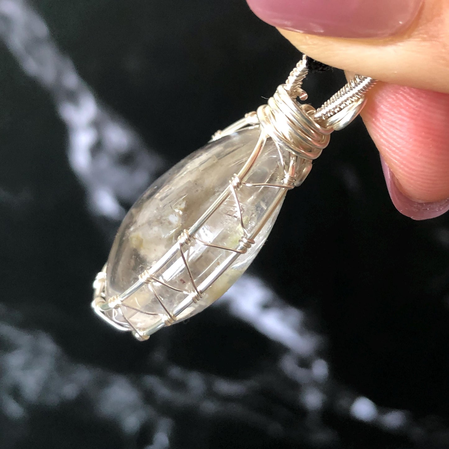 Rare Found! Polished Enhydro Quartz (Herkimer Diamond) Wire Wrapped Pendant Adjustable Necklace: Moving White Sand & Bubble Inclusion Crystal | Natural Gemstone Birthstone Gift for her Birthstone enhydro quartz sand water-fall  choker gemstone charm stone pendant choker polished stone pendant crystal charm birthstone men necklace chakra crystal purify stone minerals specimen adjustable choker mica quartz mica flakes silver wire wrapped pendant