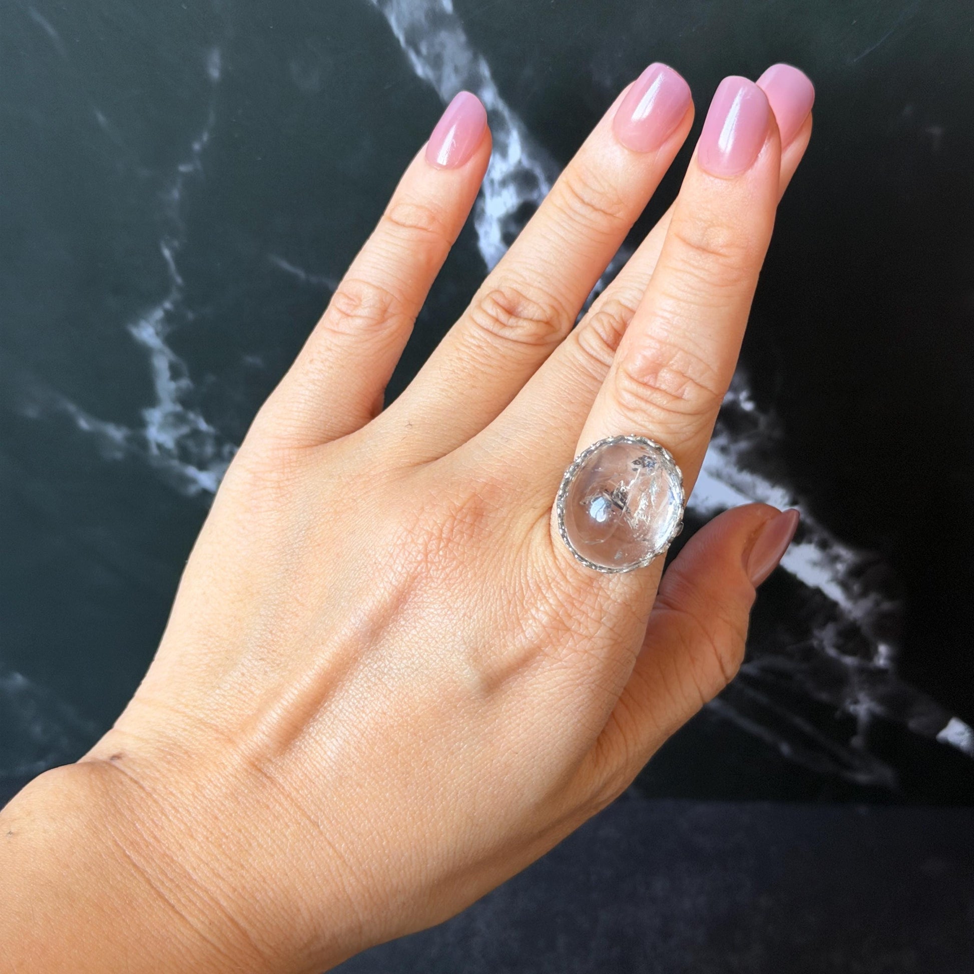 Polished Enhydro Quartz (Herkimer Diamond) S925 Silver Adjustable Ring: Moving Sand Waterfall and Shifting Bubble Inclusion Crystal Statement Ring for Women  ring crystal band ring cocktail ring crystal stackable ring 7 chakra crystal ring meditation crystal healing stone birthstone silver ring ring for men rainbow quartz inclusion quartz inclusion crystal minerals specimen silver ring free size ring adjustable ring holder rain quartz enhydro crystal inclusion crystal inclusion quartz