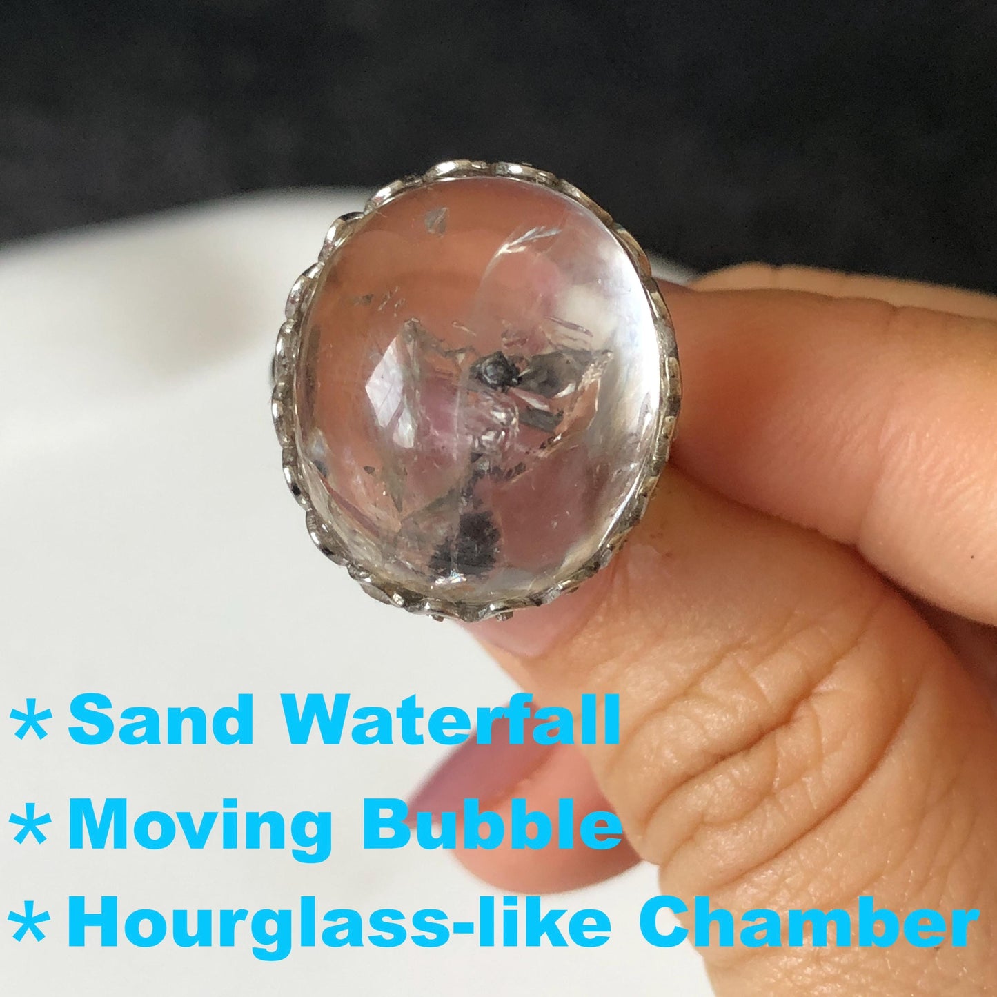 Polished Enhydro Quartz (Herkimer Diamond) S925 Silver Adjustable Ring: Moving Sand Waterfall and Shifting Bubble Inclusion Crystal Statement Ring for Women  ring crystal band ring cocktail ring crystal stackable ring 7 chakra crystal ring meditation crystal healing stone birthstone silver ring ring for men rainbow quartz inclusion quartz inclusion crystal minerals specimen silver ring free size ring adjustable ring holder rain quartz enhydro crystal inclusion crystal inclusion quartz