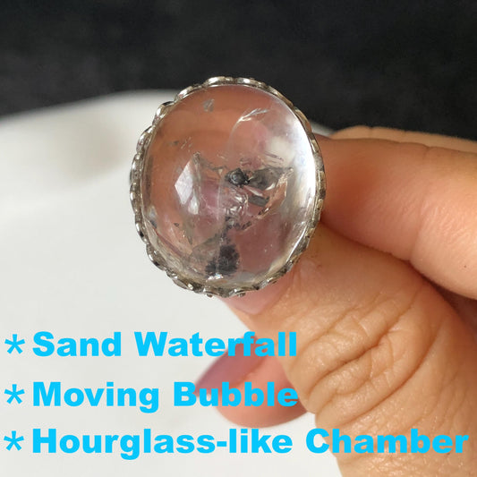 Polished Enhydro Quartz (Herkimer Diamond) S925 Silver Adjustable Ring: Moving Sand Waterfall and Shifting Bubble Inclusion Crystal Statement Ring for Women  ring crystal band ring cocktail ring crystal stackable ring 7 chakra crystal ring meditation crystal healing stone birthstone silver ring ring for men rainbow quartz inclusion quartz inclusion crystal minerals specimen silver ring free size ring adjustable ring holder rain quartz enhydro crystal inclusion crystal inclusion quartz