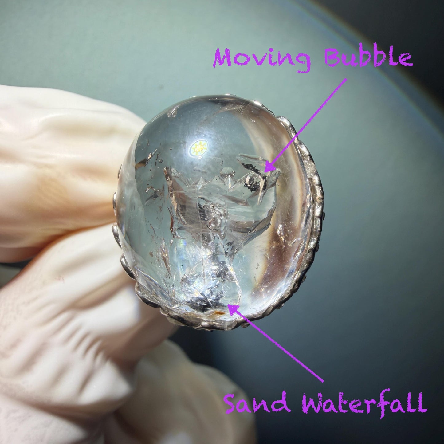 Polished Enhydro Quartz (Herkimer Diamond) S925 Silver Adjustable Ring: Moving Sand Waterfall and Shifting Bubble Inclusion Crystal Statement Ring for Women  ring crystal band ring cocktail ring crystal stackable ring 7 chakra crystal ring meditation crystal healing stone birthstone silver ring ring for men rainbow quartz inclusion quartz inclusion crystal minerals specimen silver ring free size ring adjustable ring holder rain quartz enhydro crystal inclusion crystal inclusion quartz