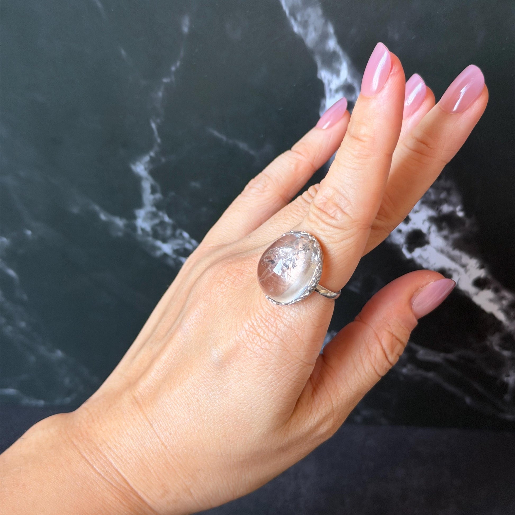 Polished Enhydro Quartz (Herkimer Diamond) S925 Silver Adjustable Ring: Moving Sand Waterfall and Shifting Bubble Inclusion Crystal Statement Ring for Women  ring crystal band ring cocktail ring crystal stackable ring 7 chakra crystal ring meditation crystal healing stone birthstone silver ring ring for men rainbow quartz inclusion quartz inclusion crystal minerals specimen silver ring free size ring adjustable ring holder rain quartz enhydro crystal inclusion crystal inclusion quartz