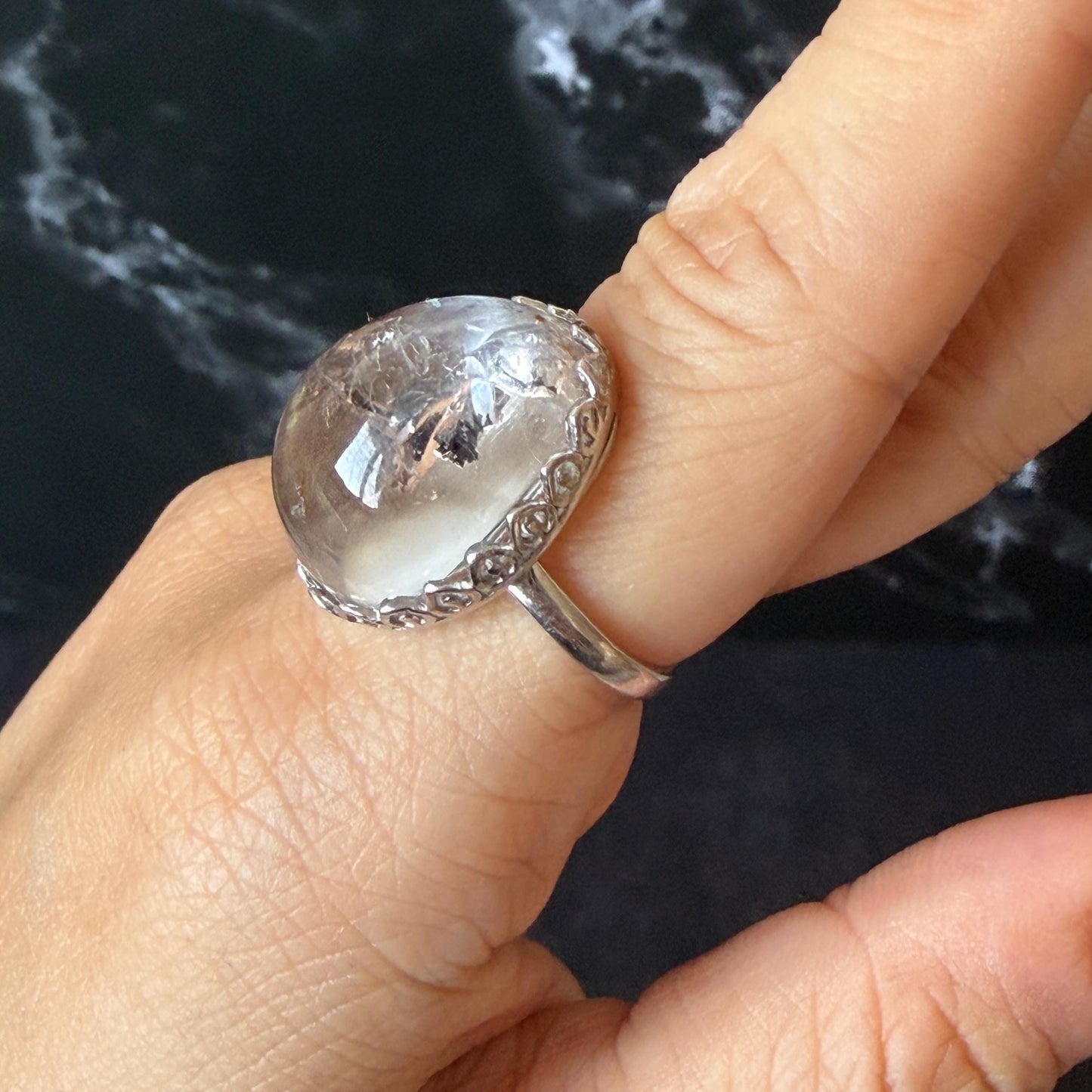 Polished Enhydro Quartz (Herkimer Diamond) S925 Silver Adjustable Ring: Moving Sand Waterfall and Shifting Bubble Inclusion Crystal Statement Ring for Women  ring crystal band ring cocktail ring crystal stackable ring 7 chakra crystal ring meditation crystal healing stone birthstone silver ring ring for men rainbow quartz inclusion quartz inclusion crystal minerals specimen silver ring free size ring adjustable ring holder rain quartz enhydro crystal inclusion crystal inclusion quartz