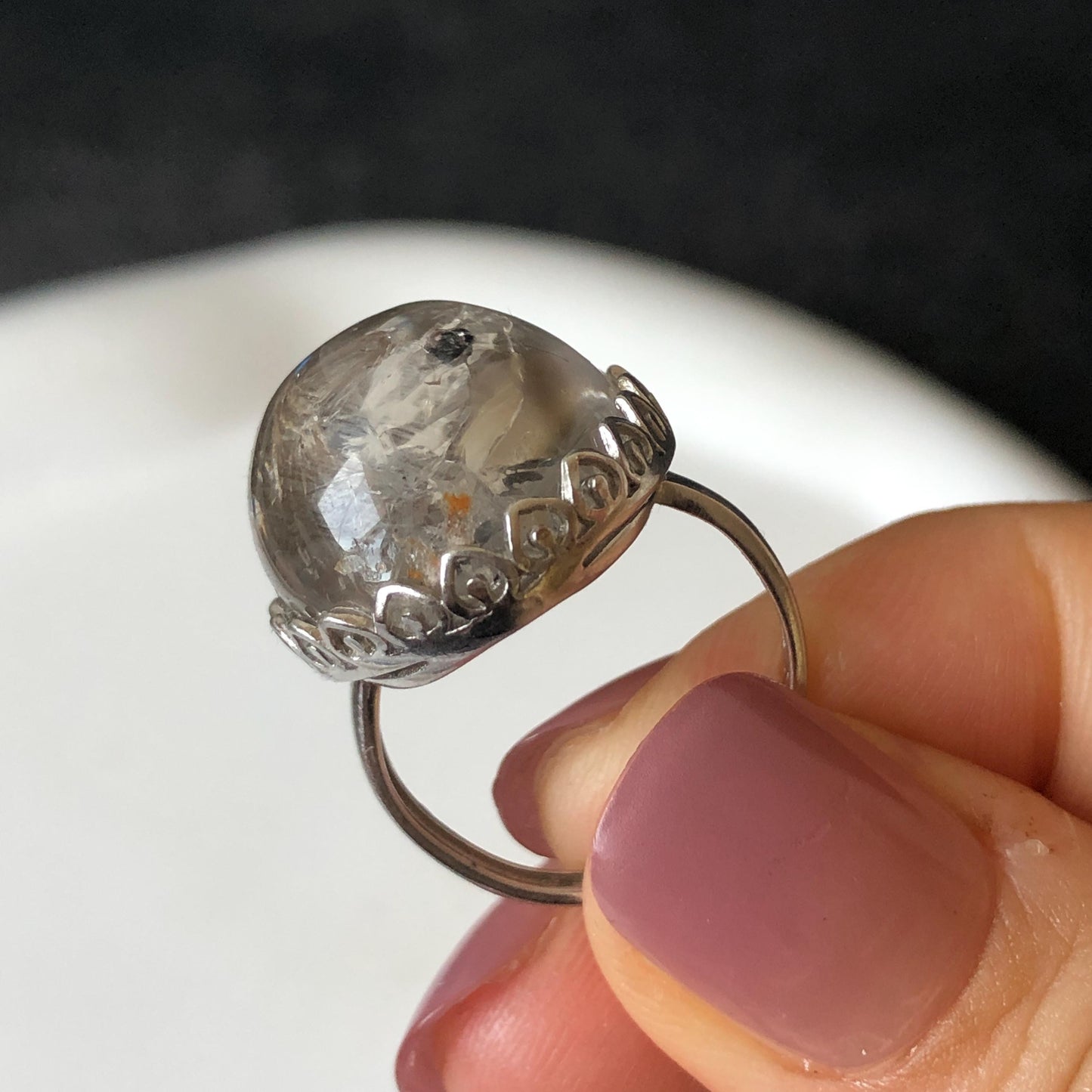 Polished Enhydro Quartz (Herkimer Diamond) S925 Silver Adjustable Ring: Moving Sand Waterfall and Shifting Bubble Inclusion Crystal Statement Ring for Women  ring crystal band ring cocktail ring crystal stackable ring 7 chakra crystal ring meditation crystal healing stone birthstone silver ring ring for men rainbow quartz inclusion quartz inclusion crystal minerals specimen silver ring free size ring adjustable ring holder rain quartz enhydro crystal inclusion crystal inclusion quartz