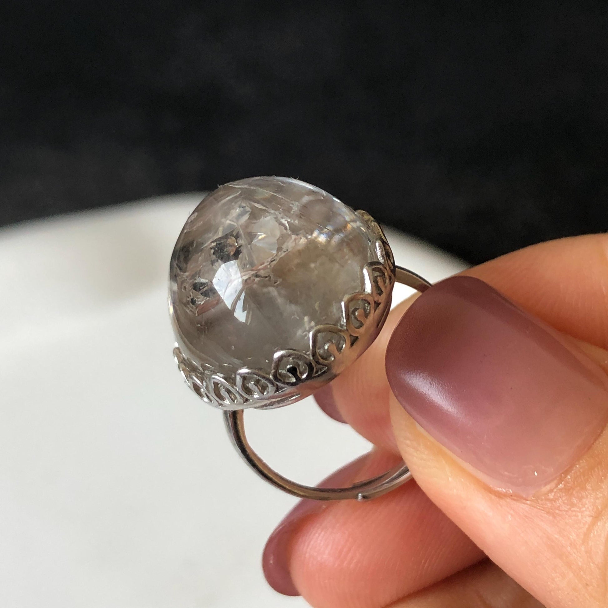 Polished Enhydro Quartz (Herkimer Diamond) S925 Silver Adjustable Ring: Moving Sand Waterfall and Shifting Bubble Inclusion Crystal Statement Ring for Women  ring crystal band ring cocktail ring crystal stackable ring 7 chakra crystal ring meditation crystal healing stone birthstone silver ring ring for men rainbow quartz inclusion quartz inclusion crystal minerals specimen silver ring free size ring adjustable ring holder rain quartz enhydro crystal inclusion crystal inclusion quartz