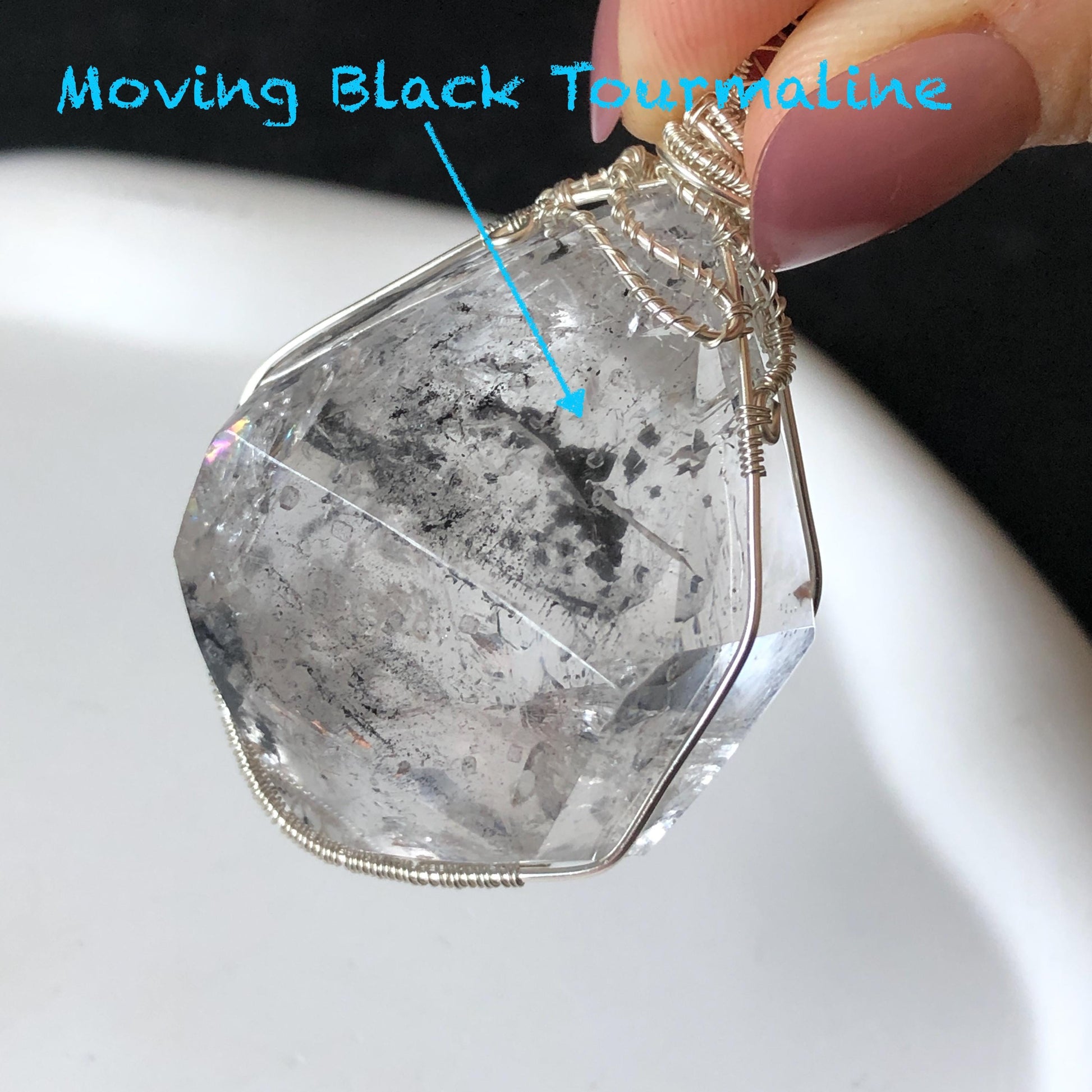Rare Polished Enhydro Quartz (Herkimer Diamond) Wire Wrapped Pendant Adjustable Necklace | Big Rainbow! Moving Black Tourmaline Inclusion Crystal | Natural Gemstone Birthstone Gift for her enhydro quartz sand water-fall pendant necklace choker gemstone charm stone pendant choker polished stone pendant crystal charm birthstone gift for her men necklace chakra crystal purify stone minerals specimen adjustable choker mica quartz mica flakes silver wire wrapped pendant