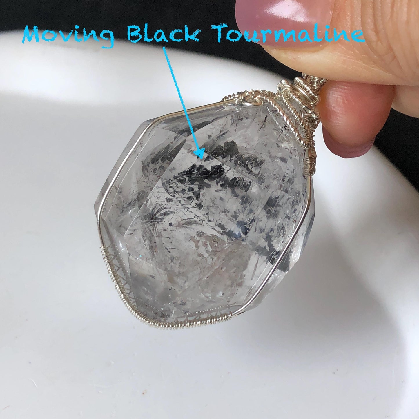 Rare Polished Enhydro Quartz (Herkimer Diamond) Wire Wrapped Pendant Adjustable Necklace | Big Rainbow! Moving Black Tourmaline Inclusion Crystal | Natural Gemstone Birthstone Gift for her enhydro quartz sand water-fall pendant necklace choker gemstone charm stone pendant choker polished stone pendant crystal charm birthstone gift for her men necklace chakra crystal purify stone minerals specimen adjustable choker mica quartz mica flakes silver wire wrapped pendant