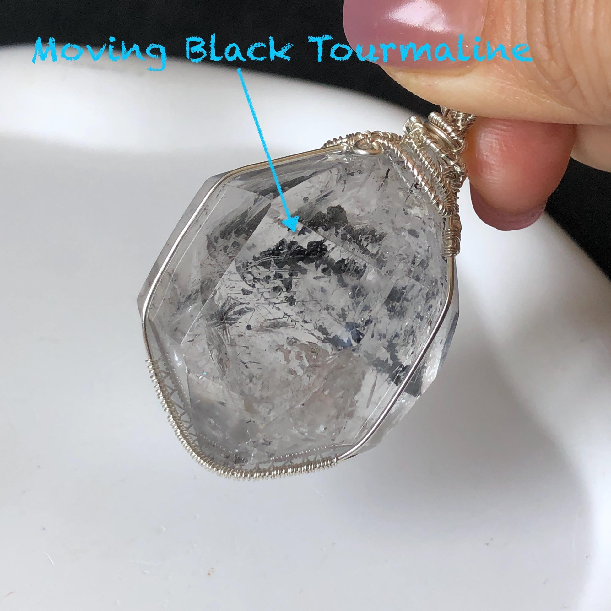 Rare Polished Enhydro Quartz (Herkimer Diamond) Wire Wrapped Pendant Adjustable Necklace | Big Rainbow! Moving Black Tourmaline Inclusion Crystal | Natural Gemstone Birthstone Gift for her enhydro quartz sand water-fall pendant necklace choker gemstone charm stone pendant choker polished stone pendant crystal charm birthstone gift for her men necklace chakra crystal purify stone minerals specimen adjustable choker mica quartz mica flakes silver wire wrapped pendant