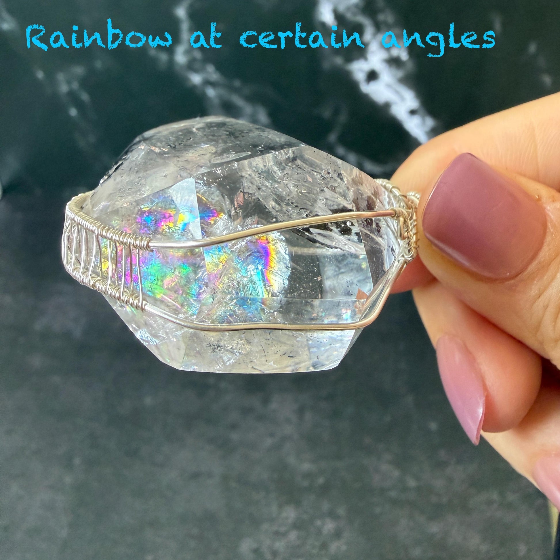 Rare Polished Enhydro Quartz (Herkimer Diamond) Wire Wrapped Pendant Adjustable Necklace | Big Rainbow! Moving Black Tourmaline Inclusion Crystal | Natural Gemstone Birthstone Gift for her enhydro quartz sand water-fall pendant necklace choker gemstone charm stone pendant choker polished stone pendant crystal charm birthstone gift for her men necklace chakra crystal purify stone minerals specimen adjustable choker mica quartz mica flakes silver wire wrapped pendant
