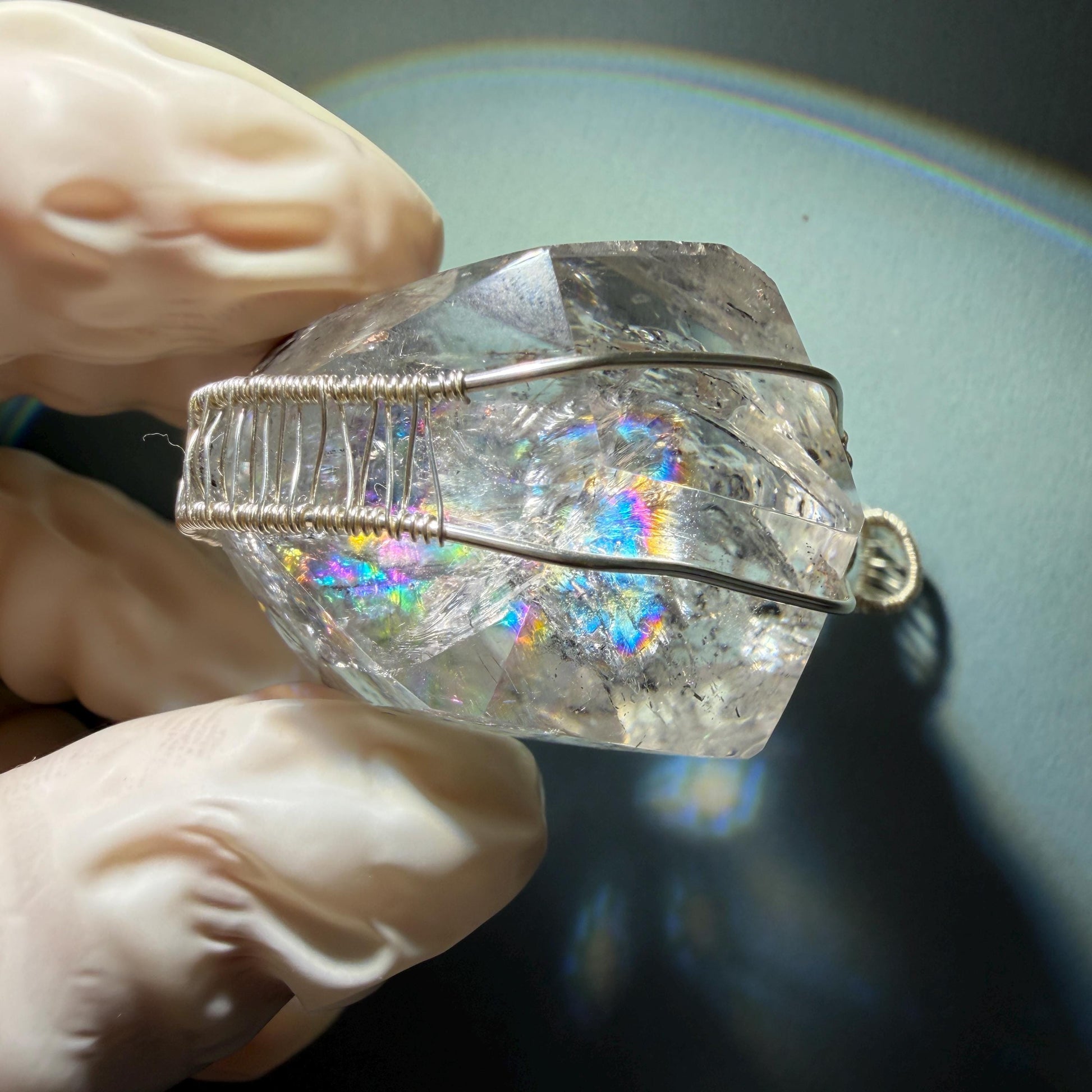 Rare Polished Enhydro Quartz (Herkimer Diamond) Wire Wrapped Pendant Adjustable Necklace | Big Rainbow! Moving Black Tourmaline Inclusion Crystal | Natural Gemstone Birthstone Gift for her enhydro quartz sand water-fall pendant necklace choker gemstone charm stone pendant choker polished stone pendant crystal charm birthstone gift for her men necklace chakra crystal purify stone minerals specimen adjustable choker mica quartz mica flakes silver wire wrapped pendant