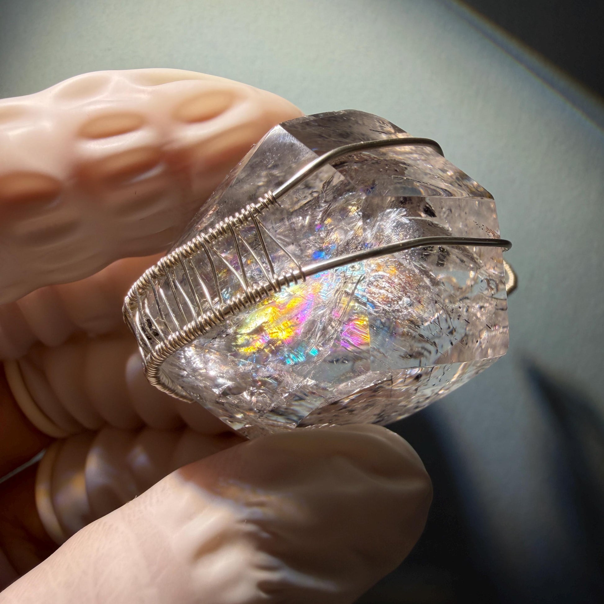 Rare Polished Enhydro Quartz (Herkimer Diamond) Wire Wrapped Pendant Adjustable Necklace | Big Rainbow! Moving Black Tourmaline Inclusion Crystal | Natural Gemstone Birthstone Gift for her enhydro quartz sand water-fall pendant necklace choker gemstone charm stone pendant choker polished stone pendant crystal charm birthstone gift for her men necklace chakra crystal purify stone minerals specimen adjustable choker mica quartz mica flakes silver wire wrapped pendant