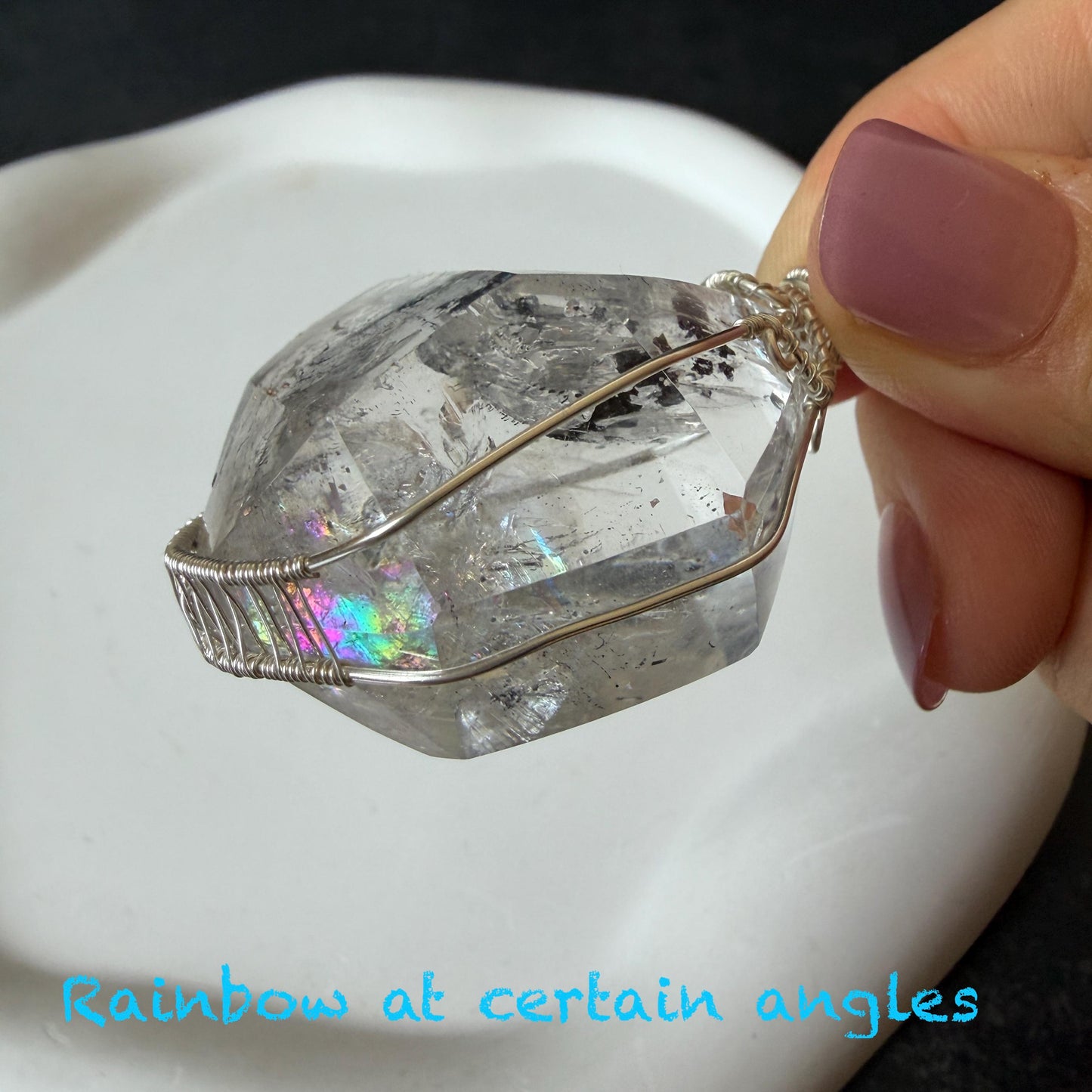 Rare Polished Enhydro Quartz (Herkimer Diamond) Wire Wrapped Pendant Adjustable Necklace | Big Rainbow! Moving Black Tourmaline Inclusion Crystal | Natural Gemstone Birthstone Gift for her enhydro quartz sand water-fall pendant necklace choker gemstone charm stone pendant choker polished stone pendant crystal charm birthstone gift for her men necklace chakra crystal purify stone minerals specimen adjustable choker mica quartz mica flakes silver wire wrapped pendant