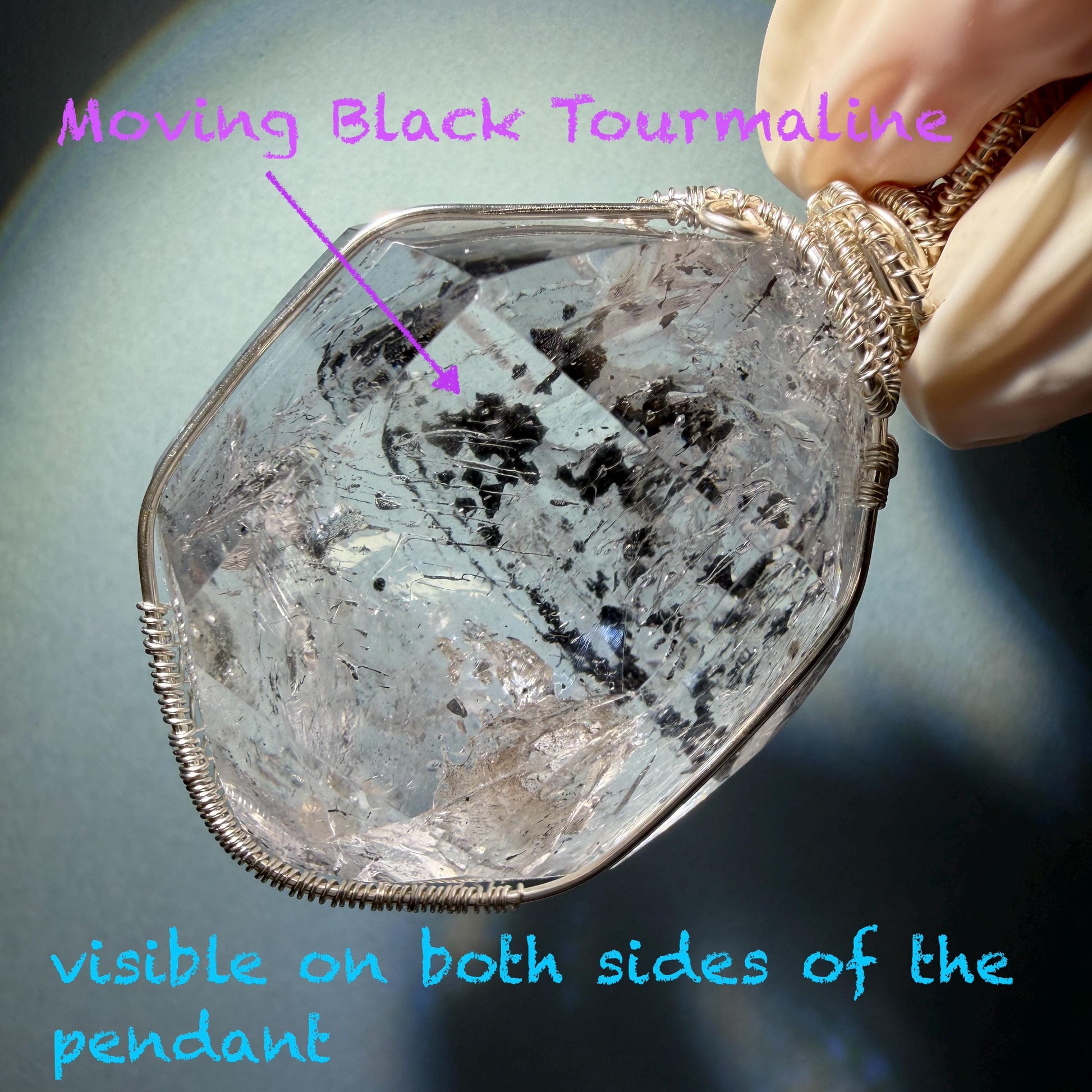 Rare Polished Enhydro Quartz (Herkimer Diamond) Wire Wrapped Pendant Adjustable Necklace | Big Rainbow! Moving Black Tourmaline Inclusion Crystal | Natural Gemstone Birthstone Gift for her enhydro quartz sand water-fall pendant necklace choker gemstone charm stone pendant choker polished stone pendant crystal charm birthstone gift for her men necklace chakra crystal purify stone minerals specimen adjustable choker mica quartz mica flakes silver wire wrapped pendant