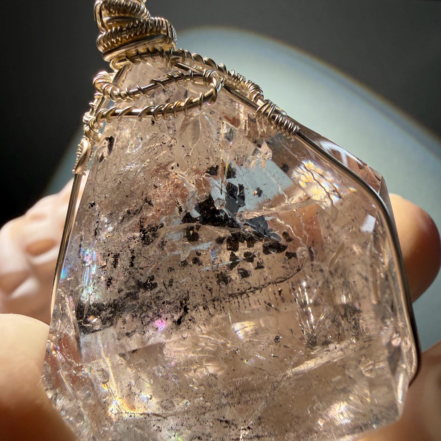 Rare Polished Enhydro Quartz (Herkimer Diamond) Wire Wrapped Pendant Adjustable Necklace | Big Rainbow! Moving Black Tourmaline Inclusion Crystal | Natural Gemstone Birthstone Gift for her enhydro quartz sand water-fall pendant necklace choker gemstone charm stone pendant choker polished stone pendant crystal charm birthstone gift for her men necklace chakra crystal purify stone minerals specimen adjustable choker mica quartz mica flakes silver wire wrapped pendant