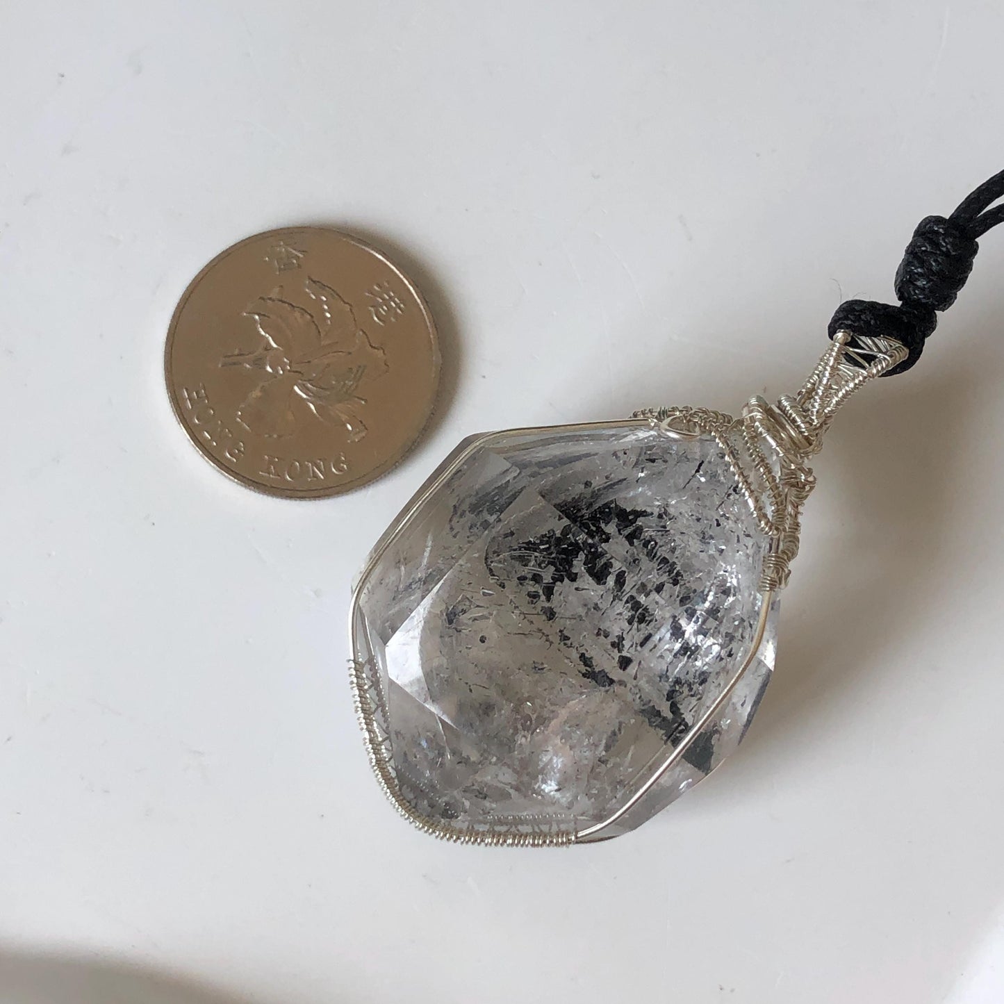 Rare Polished Enhydro Quartz (Herkimer Diamond) Wire Wrapped Pendant Adjustable Necklace | Big Rainbow! Moving Black Tourmaline Inclusion Crystal | Natural Gemstone Birthstone Gift for her enhydro quartz sand water-fall pendant necklace choker gemstone charm stone pendant choker polished stone pendant crystal charm birthstone gift for her men necklace chakra crystal purify stone minerals specimen adjustable choker mica quartz mica flakes silver wire wrapped pendant