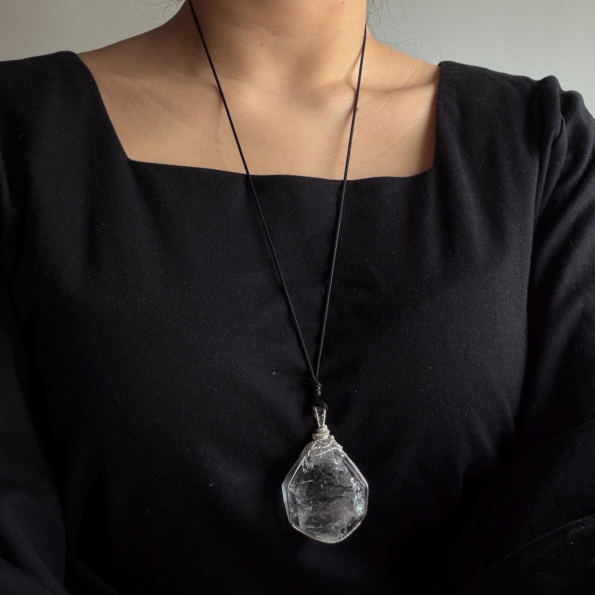 Rare Polished Enhydro Quartz (Herkimer Diamond) Wire Wrapped Pendant Adjustable Necklace | Big Rainbow! Moving Black Tourmaline Inclusion Crystal | Natural Gemstone Birthstone Gift for her enhydro quartz sand water-fall pendant necklace choker gemstone charm stone pendant choker polished stone pendant crystal charm birthstone gift for her men necklace chakra crystal purify stone minerals specimen adjustable choker mica quartz mica flakes silver wire wrapped pendant