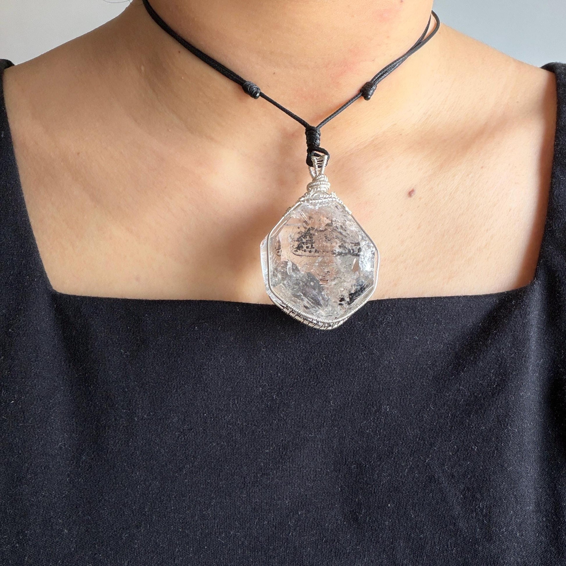 Rare Polished Enhydro Quartz (Herkimer Diamond) Wire Wrapped Pendant Adjustable Necklace | Big Rainbow! Moving Black Tourmaline Inclusion Crystal | Natural Gemstone Birthstone Gift for her enhydro quartz sand water-fall pendant necklace choker gemstone charm stone pendant choker polished stone pendant crystal charm birthstone gift for her men necklace chakra crystal purify stone minerals specimen adjustable choker mica quartz mica flakes silver wire wrapped pendant