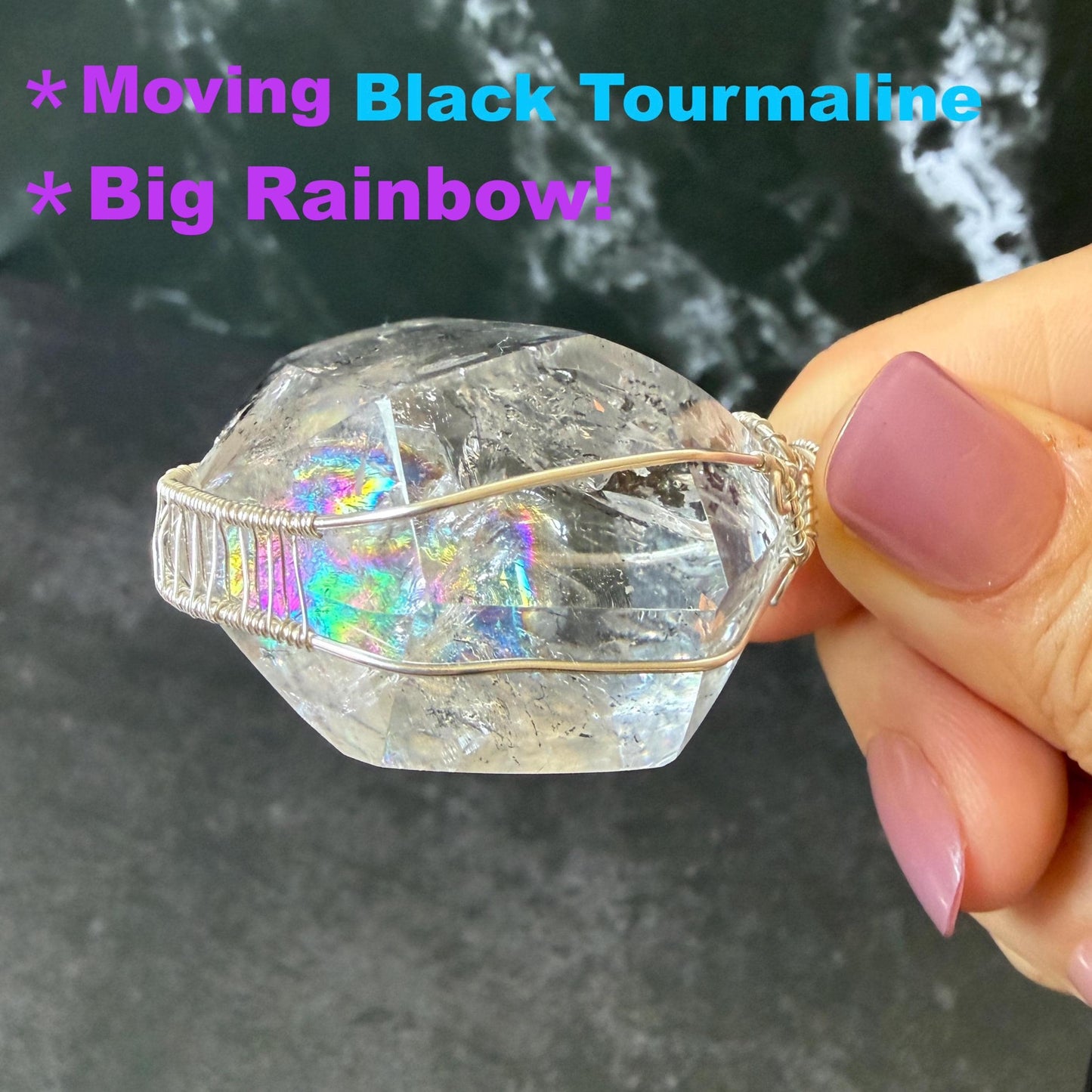 Rare Polished Enhydro Quartz (Herkimer Diamond) Wire Wrapped Pendant Adjustable Necklace | Big Rainbow! Moving Black Tourmaline Inclusion Crystal | Natural Gemstone Birthstone Gift for her enhydro quartz sand water-fall pendant necklace choker gemstone charm stone pendant choker polished stone pendant crystal charm birthstone gift for her men necklace chakra crystal purify stone minerals specimen adjustable choker mica quartz mica flakes silver wire wrapped pendant
