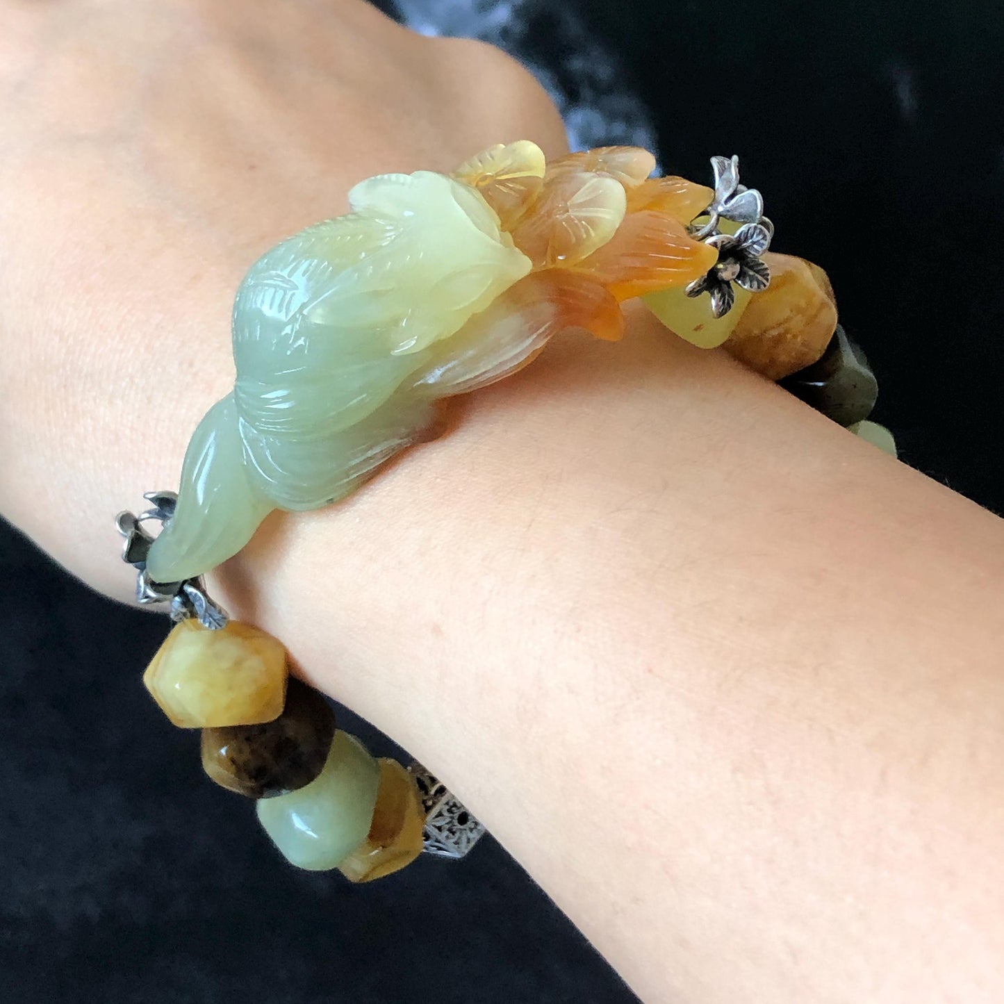 Xiu Jade Serpentine Hand Carved Nine-tailed Fox & Flower with Irregular Bead Bracelet: Natural Orange Brown White Jade with Vintage Tibetan Silver | Gift for her bracelet jade carving hand engraved orange jade brown jade white jade hand engraved jade bracelet hand carved jade charm hand engraved jade pendant irregular bead bracelet big beaded bracelet elastic stretch bracelet silver accessory vintage bracelet antique bracelet nine tail fox carving engraved fox 3D stone carving