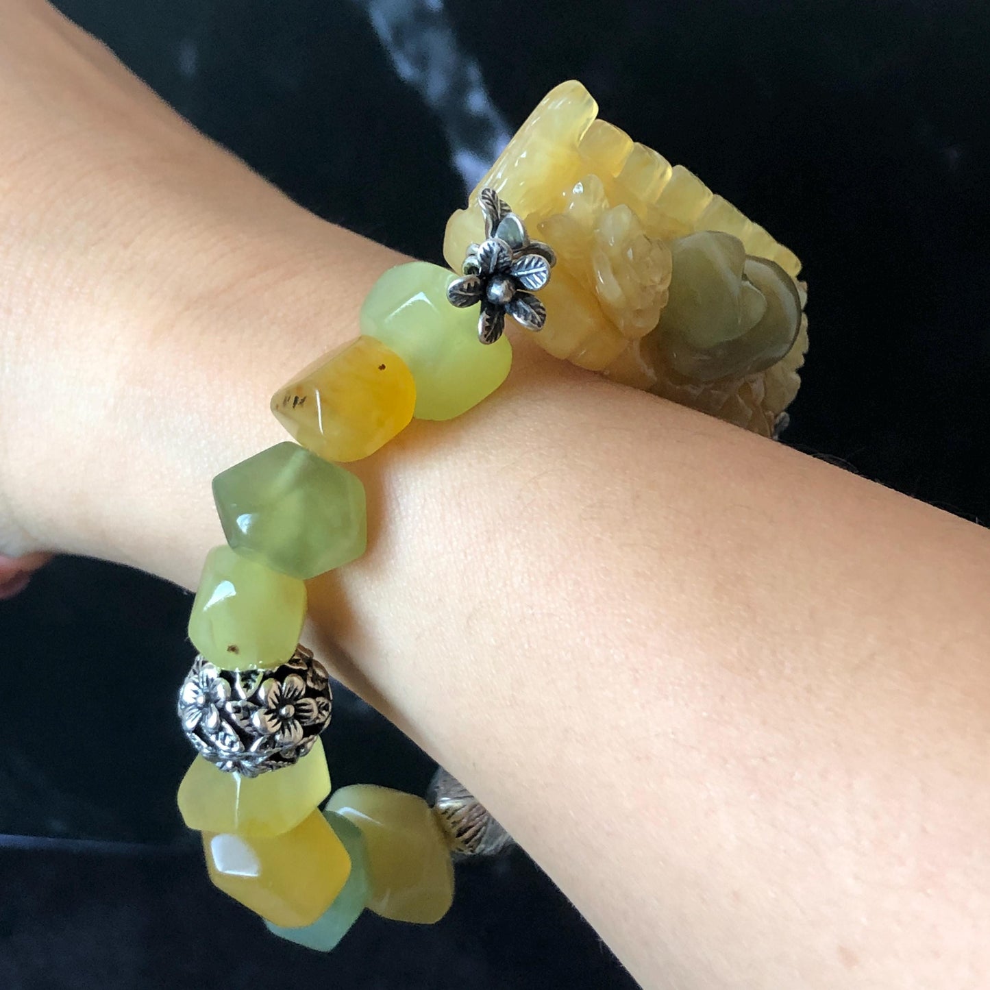 Natural Xiu Jade Serpentine Hand Carved Cat Kitten with Flowers Charm with Irregular Bead Bracelet: Handcrafted Yellow & Green Jade Beads with Vintage Tibetan Silver Accessory| Crystal Stone Gemstone Gift for her Multi colour Jade customised bracelet hand engraved jade bracelet carved charm carved pendant cat carving kitten bracelet yellow jade green jade bi color jade silver bracelet tailor made bracelet personalised diy bracelet untreated jade elastic stretch bracelet cat lover gift
