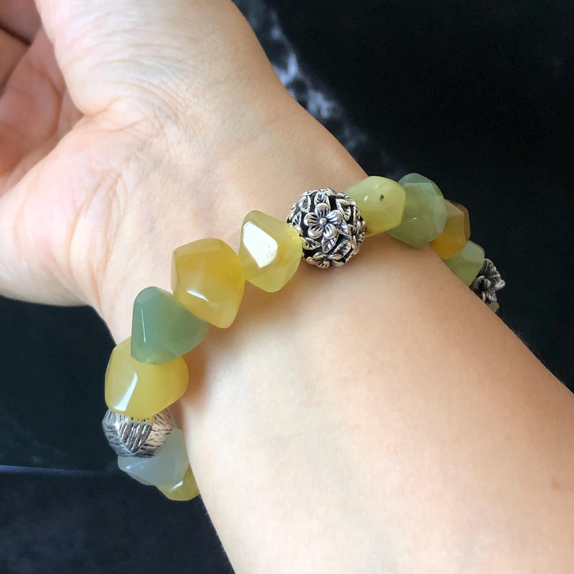 Natural Xiu Jade Serpentine Hand Carved Cat Kitten with Flowers Charm with Irregular Bead Bracelet: Handcrafted Yellow & Green Jade Beads with Vintage Tibetan Silver Accessory| Crystal Stone Gemstone Gift for her Multi colour Jade customised bracelet hand engraved jade bracelet carved charm carved pendant cat carving kitten bracelet yellow jade green jade bi color jade silver bracelet tailor made bracelet personalised diy bracelet untreated jade elastic stretch bracelet cat lover gift