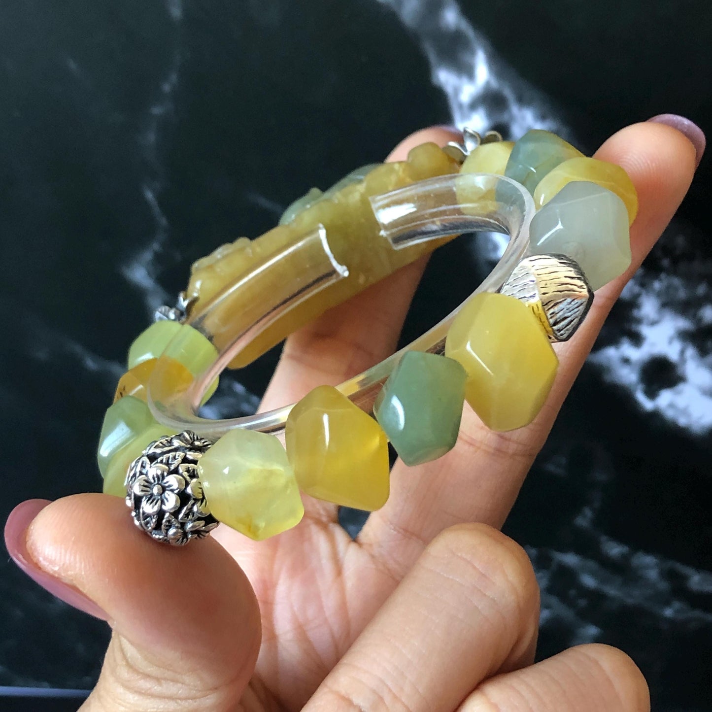 Natural Xiu Jade Serpentine Hand Carved Cat Kitten with Flowers Charm with Irregular Bead Bracelet: Handcrafted Yellow & Green Jade Beads with Vintage Tibetan Silver Accessory| Crystal Stone Gemstone Gift for her Multi colour Jade customised bracelet hand engraved jade bracelet carved charm carved pendant cat carving kitten bracelet yellow jade green jade bi color jade silver bracelet tailor made bracelet personalised diy bracelet untreated jade elastic stretch bracelet cat lover gift