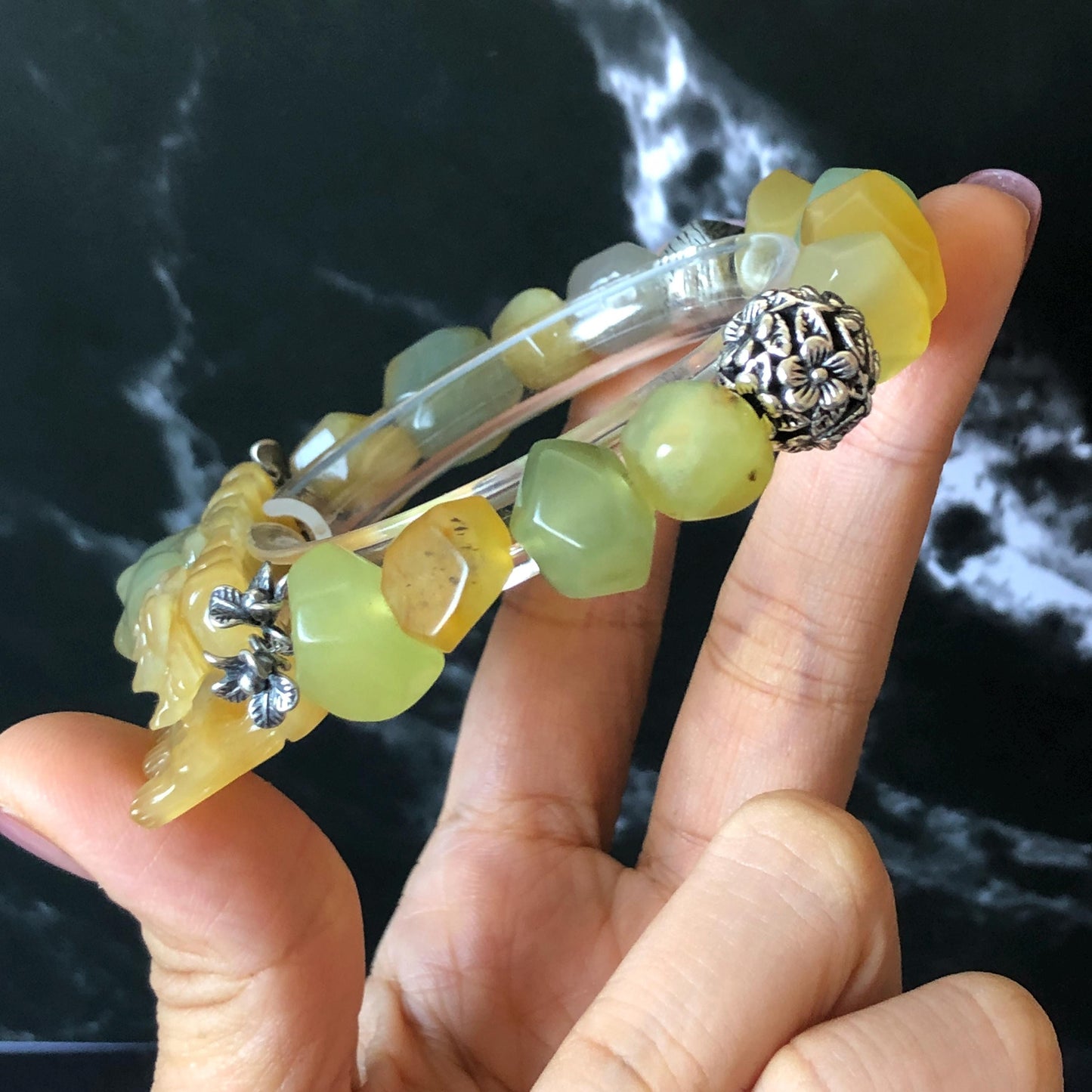 Natural Xiu Jade Serpentine Hand Carved Cat Kitten with Flowers Charm with Irregular Bead Bracelet: Handcrafted Yellow & Green Jade Beads with Vintage Tibetan Silver Accessory| Crystal Stone Gemstone Gift for her Multi colour Jade customised bracelet hand engraved jade bracelet carved charm carved pendant cat carving kitten bracelet yellow jade green jade bi color jade silver bracelet tailor made bracelet personalised diy bracelet untreated jade elastic stretch bracelet cat lover gift