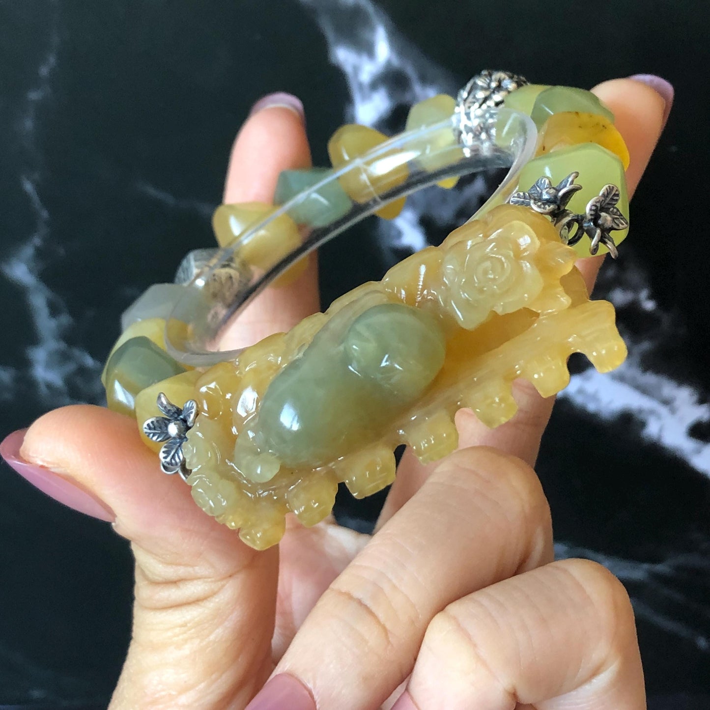 Natural Xiu Jade Serpentine Hand Carved Cat Kitten with Flowers Charm with Irregular Bead Bracelet: Handcrafted Yellow & Green Jade Beads with Vintage Tibetan Silver Accessory| Crystal Stone Gemstone Gift for her Multi colour Jade customised bracelet hand engraved jade bracelet carved charm carved pendant cat carving kitten bracelet yellow jade green jade bi color jade silver bracelet tailor made bracelet personalised diy bracelet untreated jade elastic stretch bracelet cat lover gift