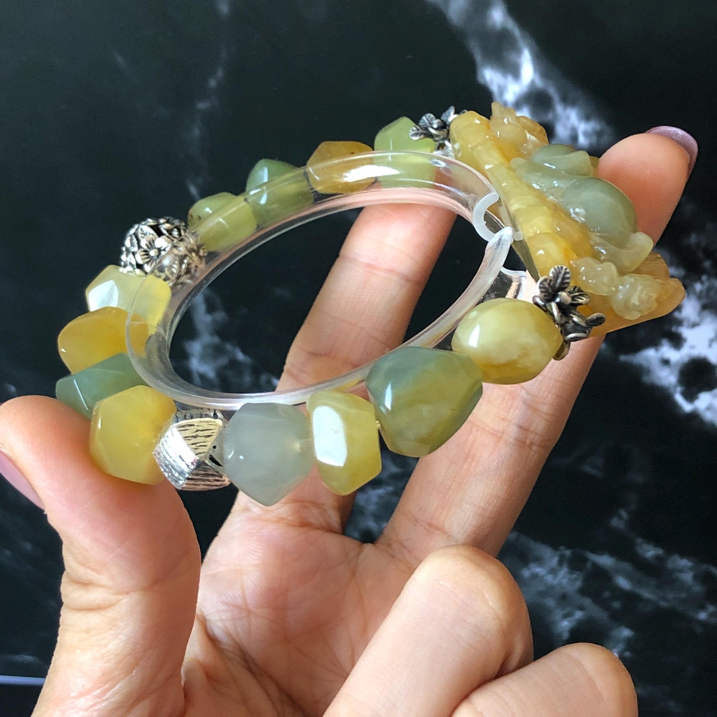 Natural Xiu Jade Serpentine Hand Carved Cat Kitten with Flowers Charm with Irregular Bead Bracelet: Handcrafted Yellow & Green Jade Beads with Vintage Tibetan Silver Accessory| Crystal Stone Gemstone Gift for her Multi colour Jade customised bracelet hand engraved jade bracelet carved charm carved pendant cat carving kitten bracelet yellow jade green jade bi color jade silver bracelet tailor made bracelet personalised diy bracelet untreated jade elastic stretch bracelet cat lover gift